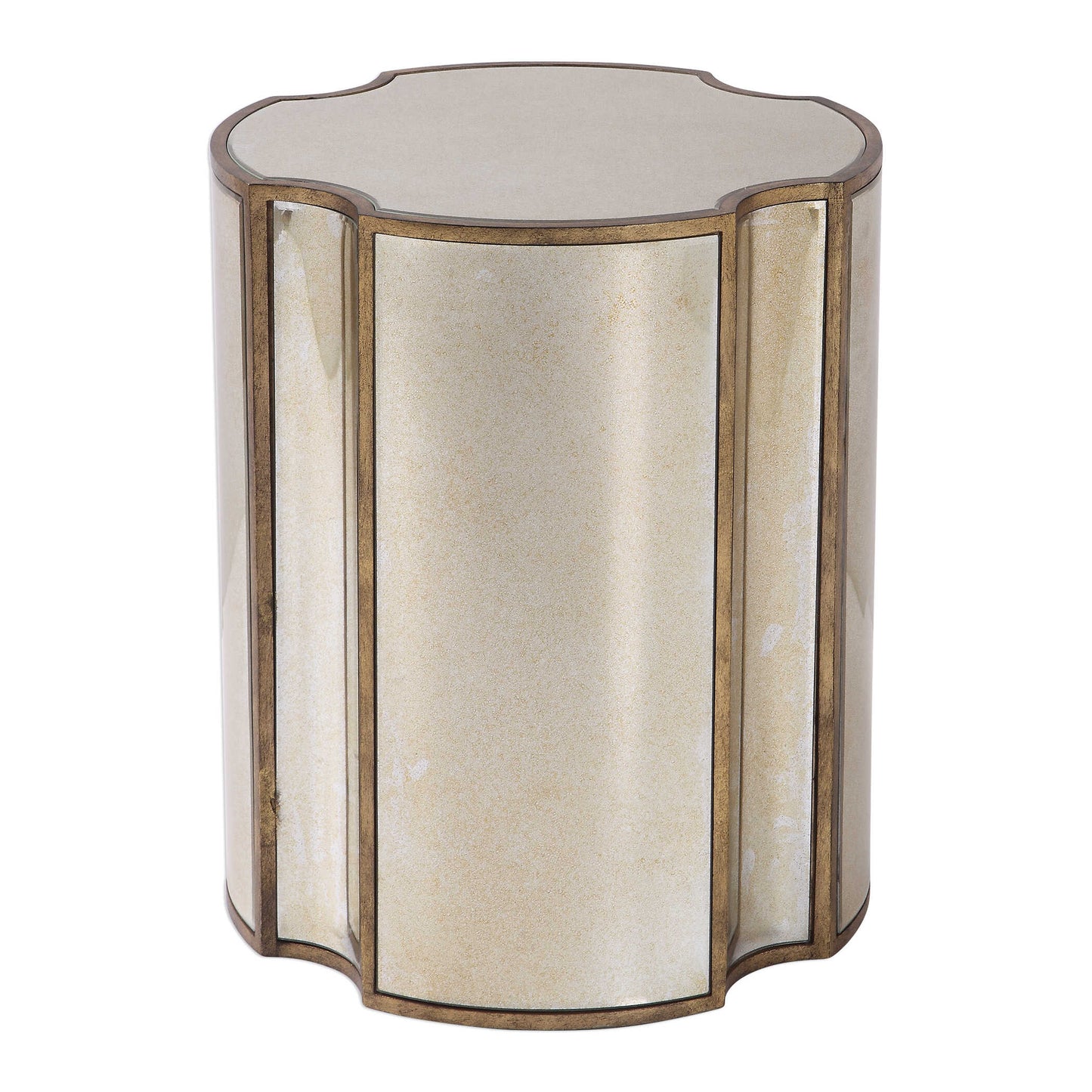Add Unique Style To A Space With This Quatrefoil Designed Accent Table. Each Facet Features A Curved Antique Mirror Surround, Accented With Antique Brass Finished Framework.