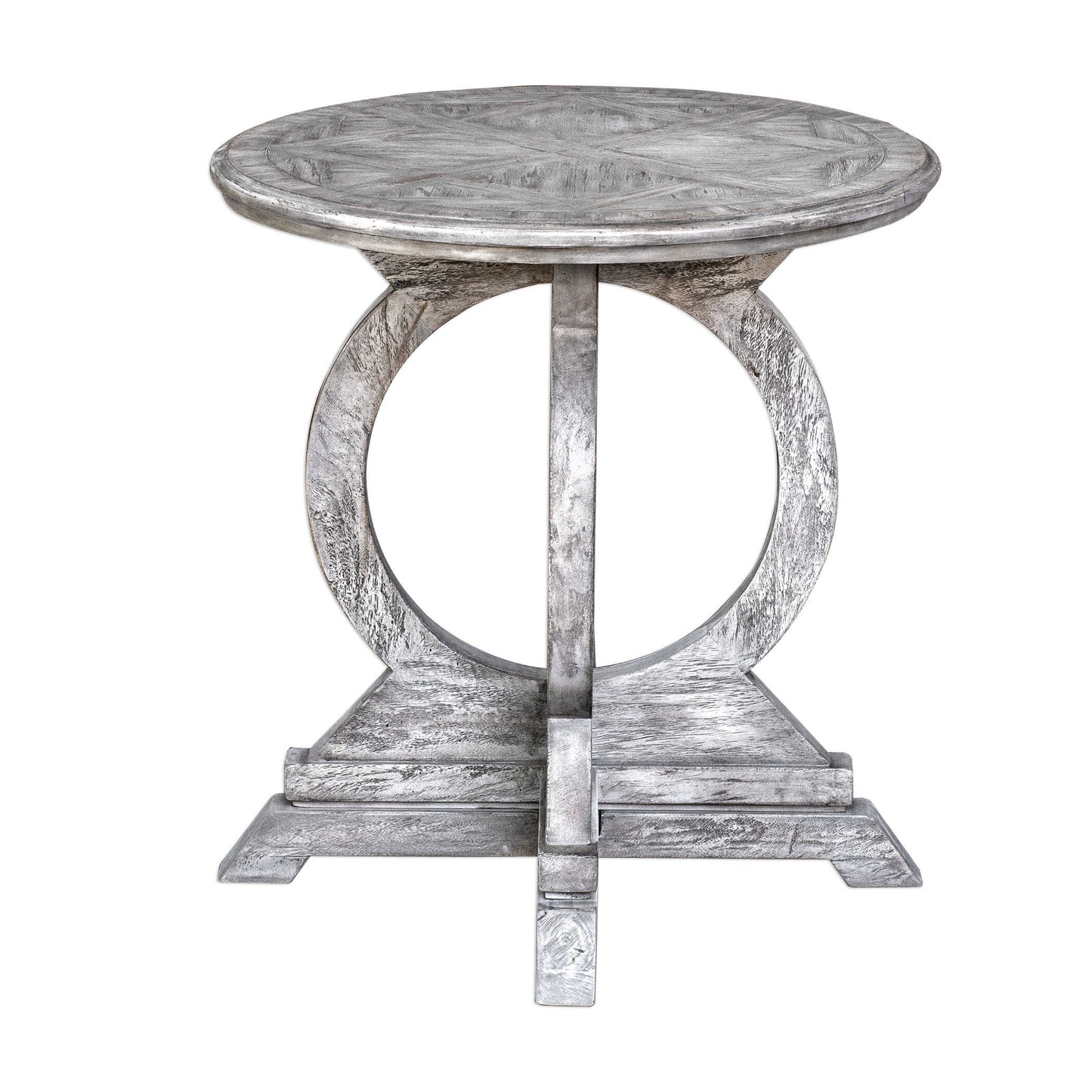 Soft, Aged White Finish On Solid Mango Wood Circle Motif Base, With Rub-through Distressing On The Mindi Veneer Inlay Top.