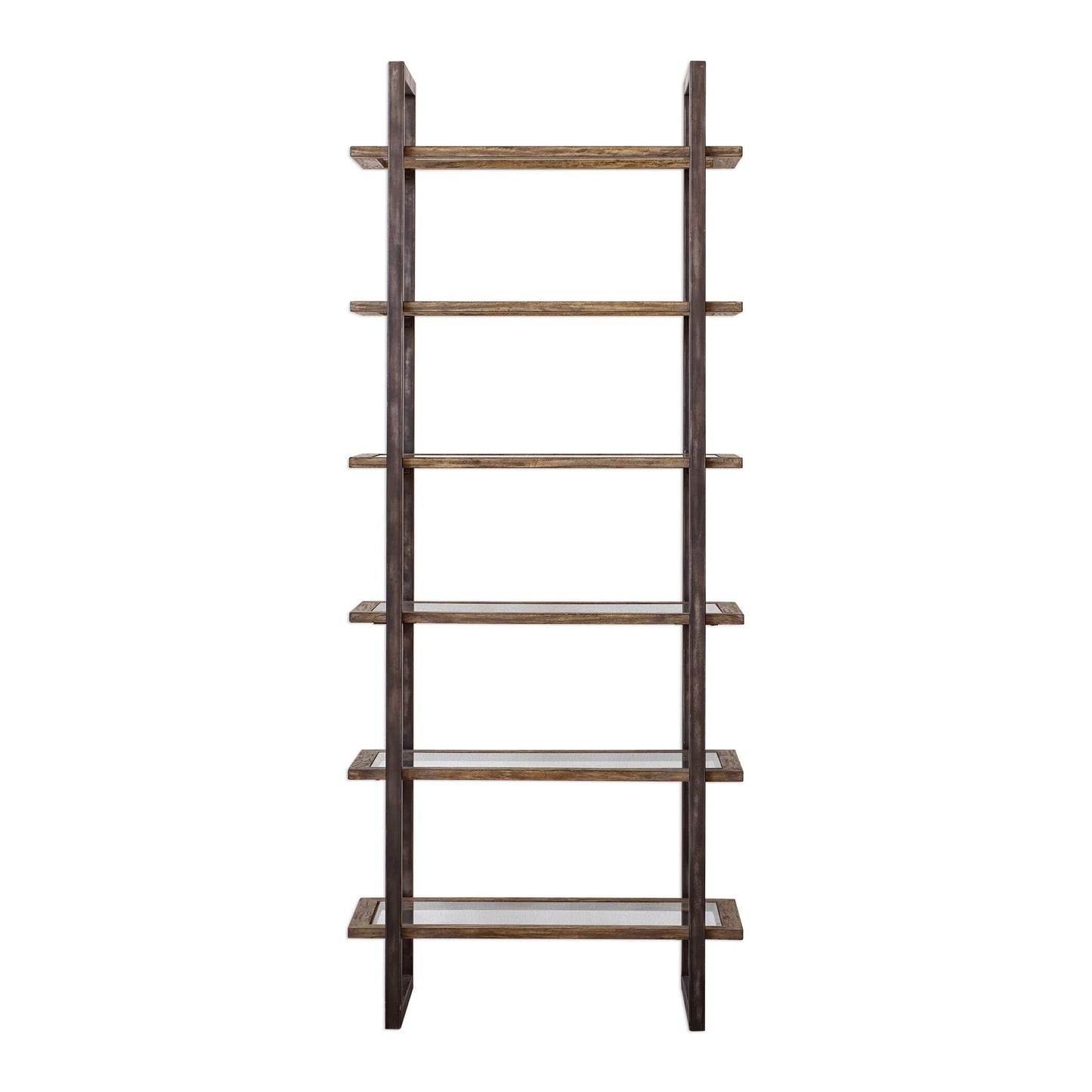 This Forged Iron Framed Etagere, Finished In Aged Steel With Light Distressing Features Six Display Shelves With Driftwood Finished Surrounds, Inset With Clear Glass.