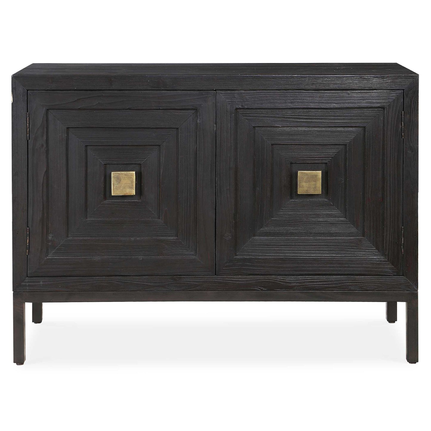 A Contemporary Geometric Two Door Accent Cabinet, Constructed From Deeply Grained Fir Wood Finished In A Dark Ebony Stain, Accented With Brushed Brass Hardware. Has One Fixed Interior Shelf.