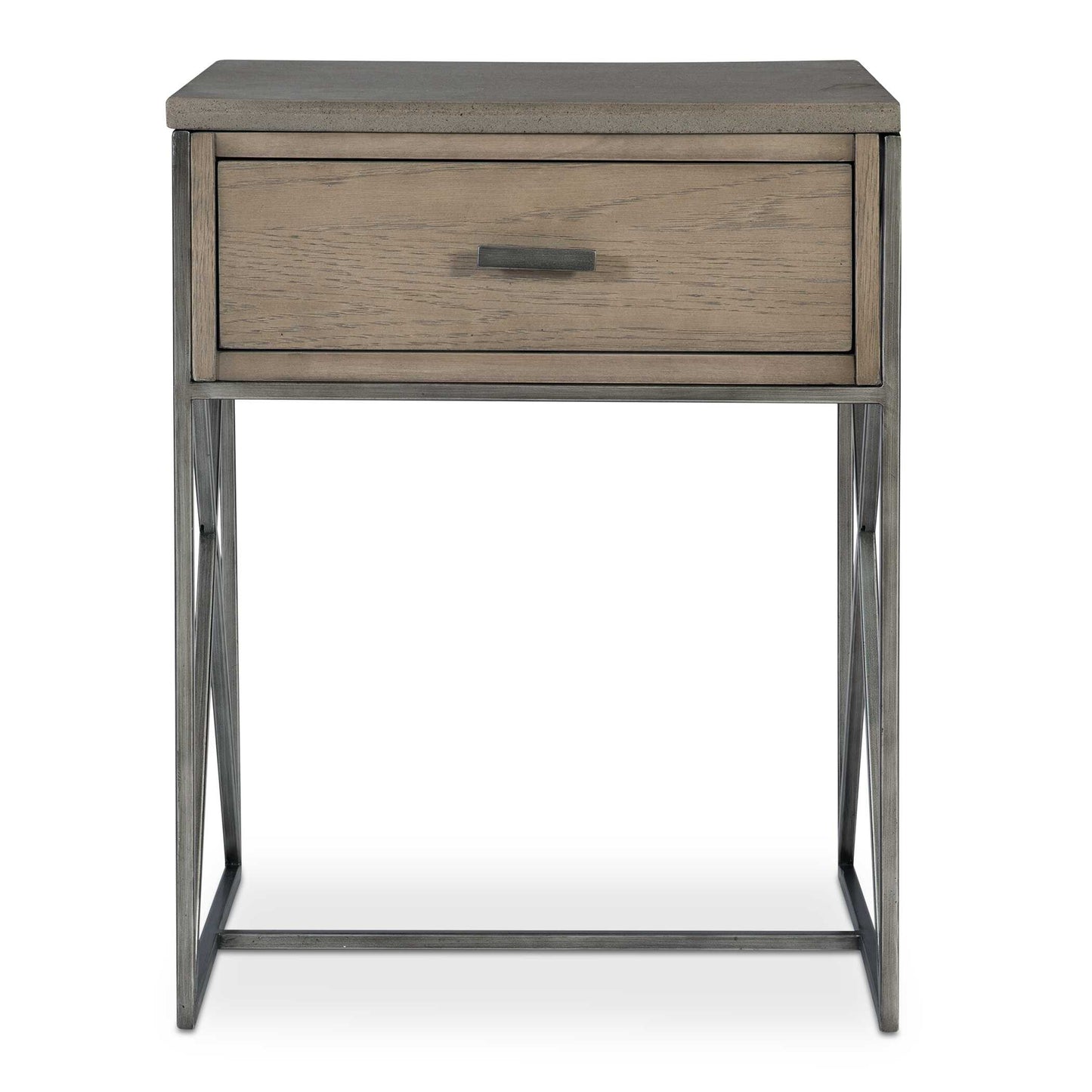 Showcasing A Blend Of Tonal Mixed Media Elements, This Side Table Is Wrapped In A Soft Mushroom Gray Oak Veneer With A Brushed Pewter X Base, And Topped With An Aged Gray Concrete Slab. Has One Storage Drawer With Coordinating Brushed Pewter Bar Hardware.