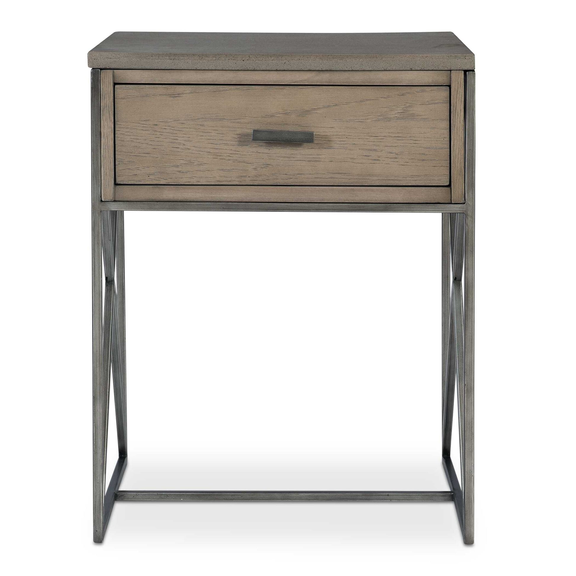 Showcasing A Blend Of Tonal Mixed Media Elements, This Side Table Is Wrapped In A Soft Mushroom Gray Oak Veneer With A Brushed Pewter X Base, And Topped With An Aged Gray Concrete Slab. Has One Storage Drawer With Coordinating Brushed Pewter Bar Hardware.