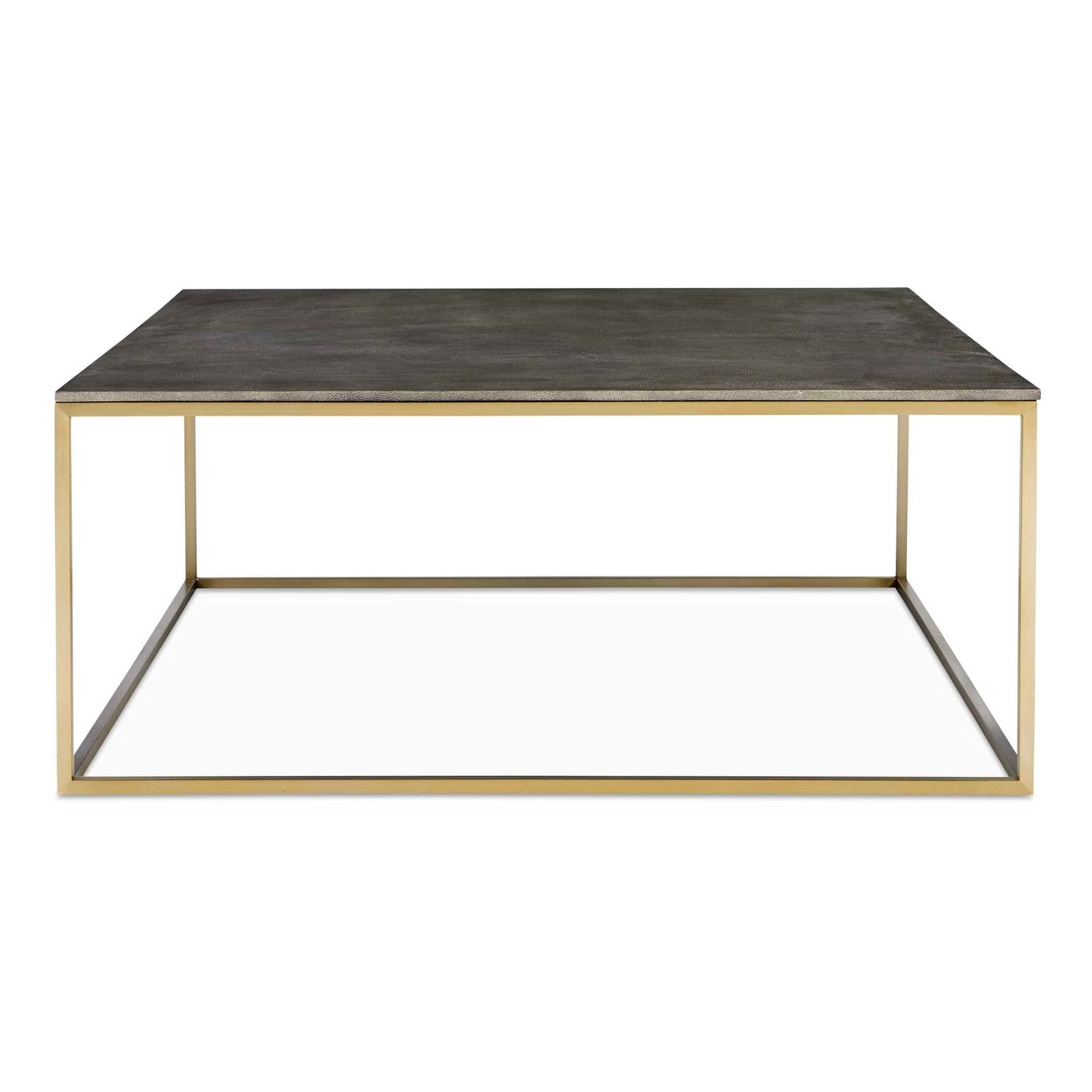 Inspired By Modern Styling, This Coffee Table Features A Beveled Faux Shagreen Wrapped Top In Charcoal Gray Paired With A Sleek Stainless Steel Base Finished In Brushed Brass.