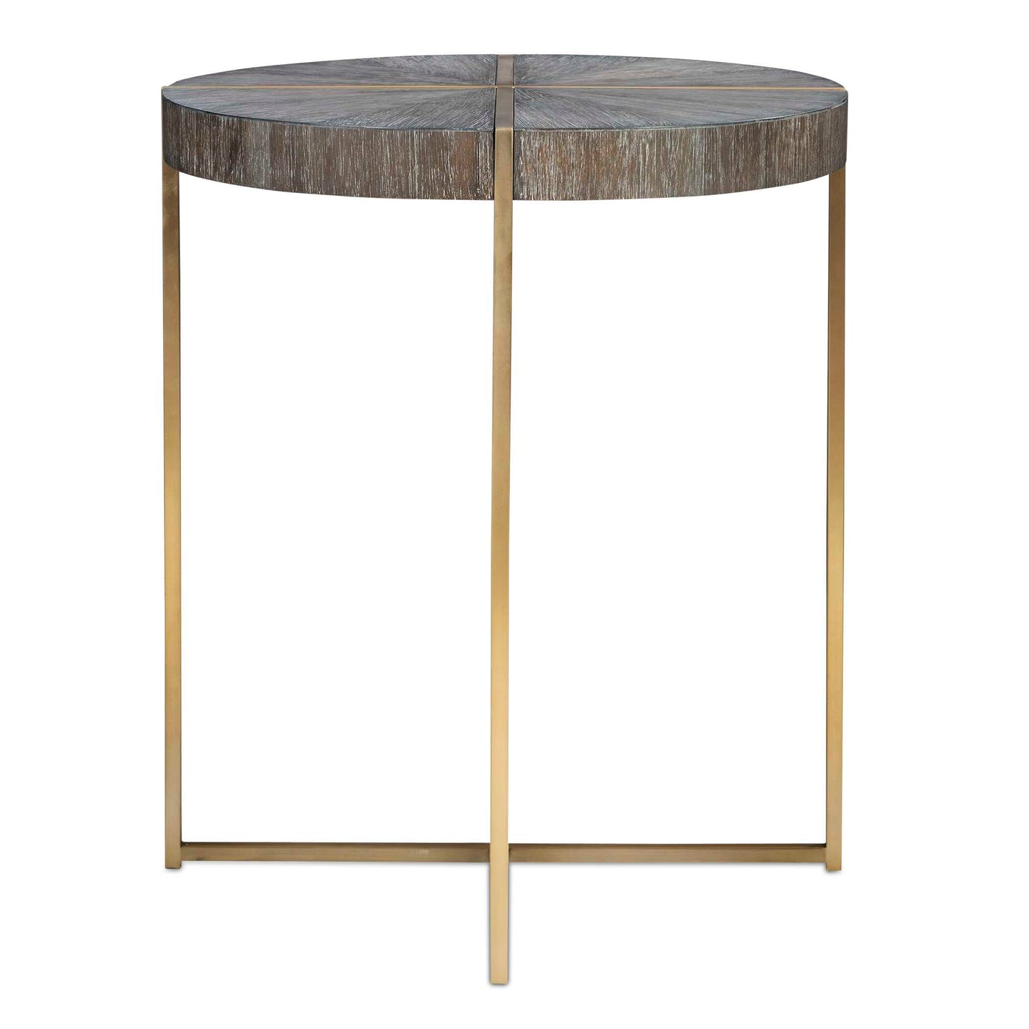 Contemporary In Style, This Accent Table Features A Stainless Steel Framework Finished In A Brushed Brass With A Round Acacia Veneer Top In A Dark Walnut Stain Washed With A Light Gray Glaze.