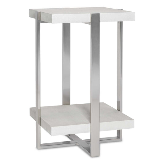 This Clean Contemporary Accent Table Features Crisp Layers Of Faux Shagreen Shelves In Milk White With A Light Gray Glaze, Secured By Steel Supports In A Plated Brushed Silver Finish.