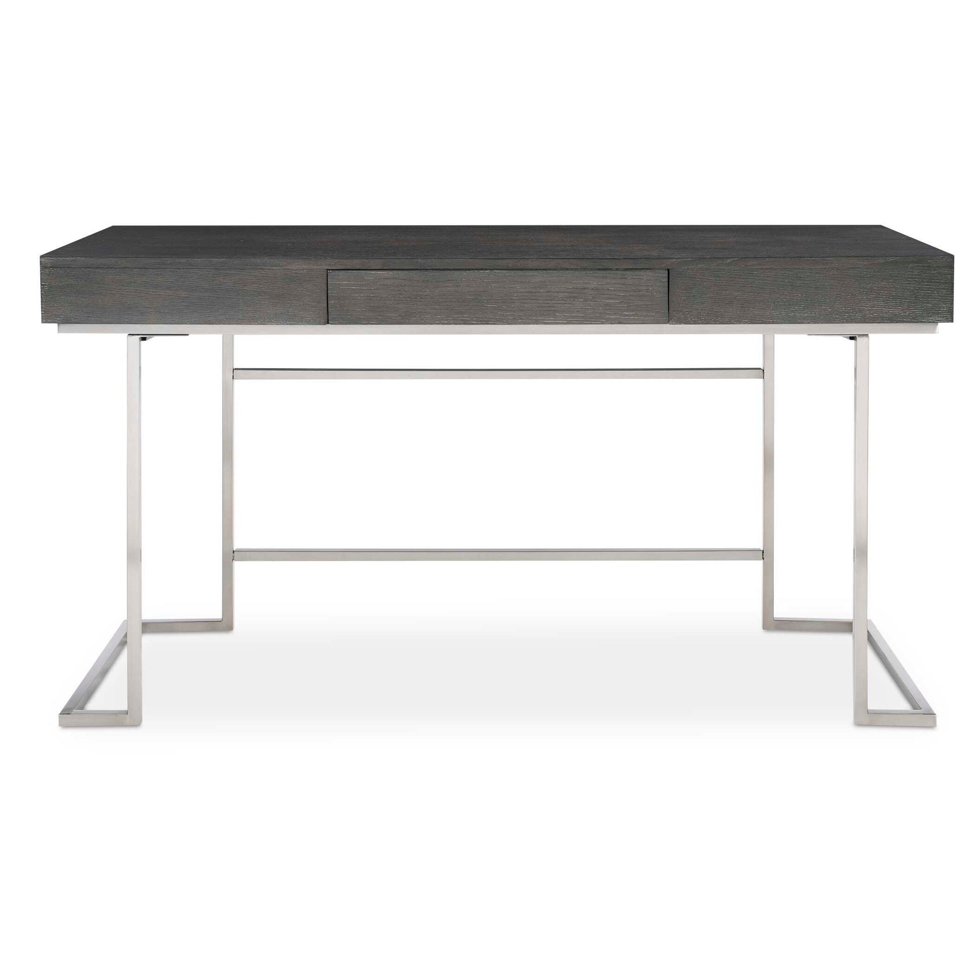 Outfit Your Office With This Clean-lined Contemporary Desk, Featuring An Oak Veneer Top Finished In A Smoke Gray With A Subtle Light Gray Wash, Atop A Stainless Steel Base Finished In A Plated Brushed Nickel. Has A Touch Latch Keyboard Drawer That Flips Down For Optimal Storage.