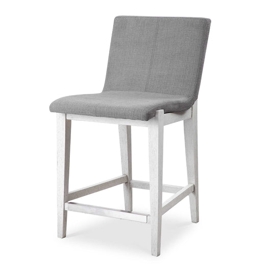 Gently Sloped Padded Seat In A Charcoal Gray Polyester Performance Fabric Rests Within A Solid Wood Frame Finished In Aged White, With A Brushed Nickel Metal Kick Plate.