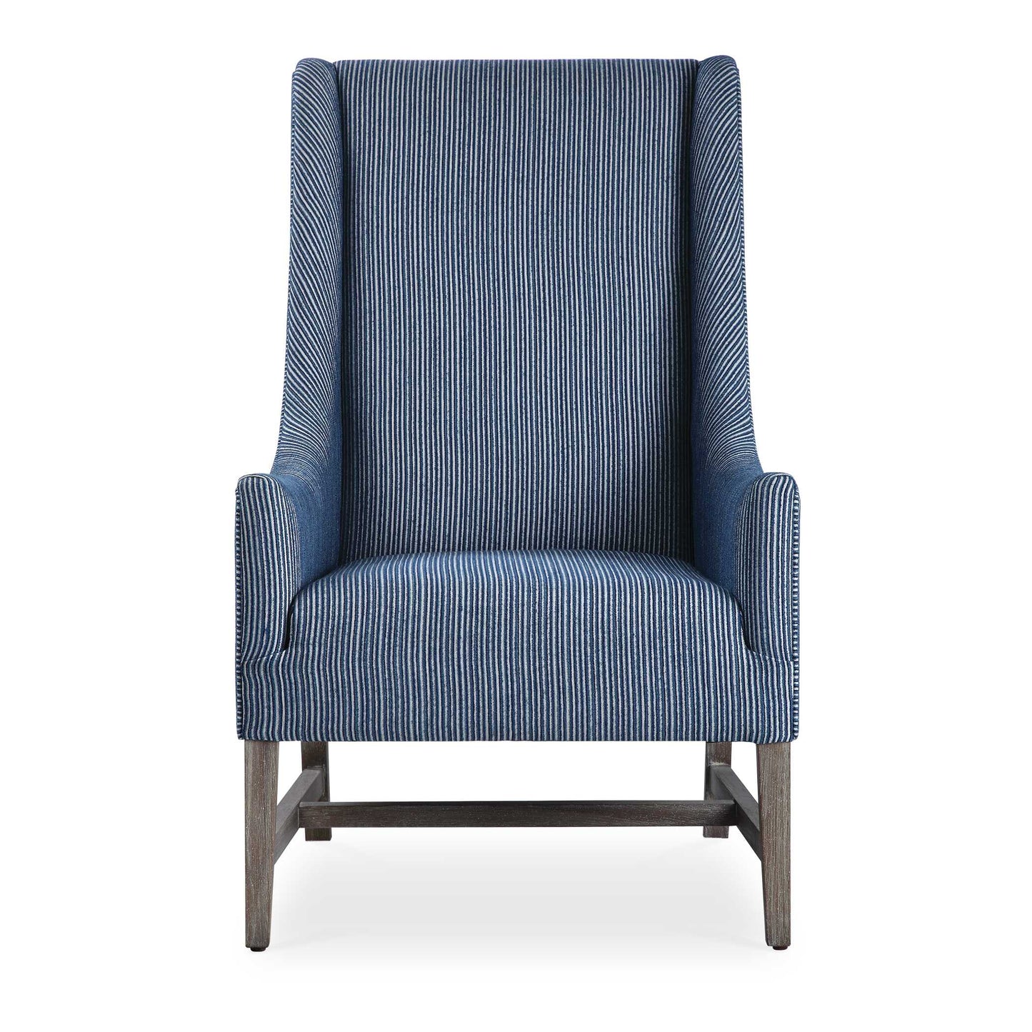 Showcasing A Classic Wingback Style With A Coastal Feel, This Accent Chair Features A Blue And White Organically Striped Fabric, Resting On Naturally Finished Solid Wood Legs.