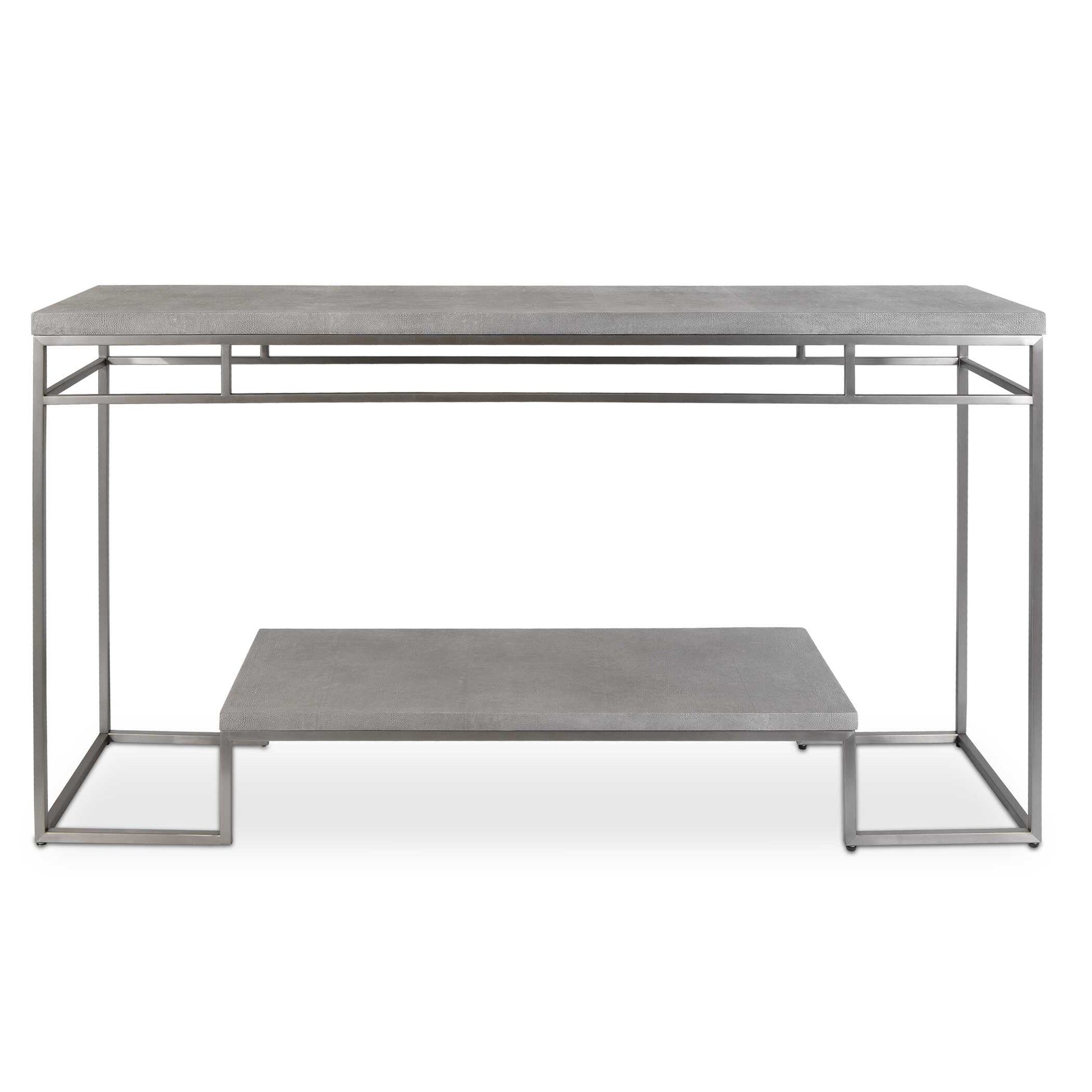 Known For Its Popularity During The Art Deco Period, Shagreen Has Made Its Resurgence As A Modern Home Decor Staple. This Console Features Faux Shagreen Embossed Surfaces In A Natural Light Gray Wash, Paired With A Modern, Stainless Steel Frame Finished In Brushed Nickel.