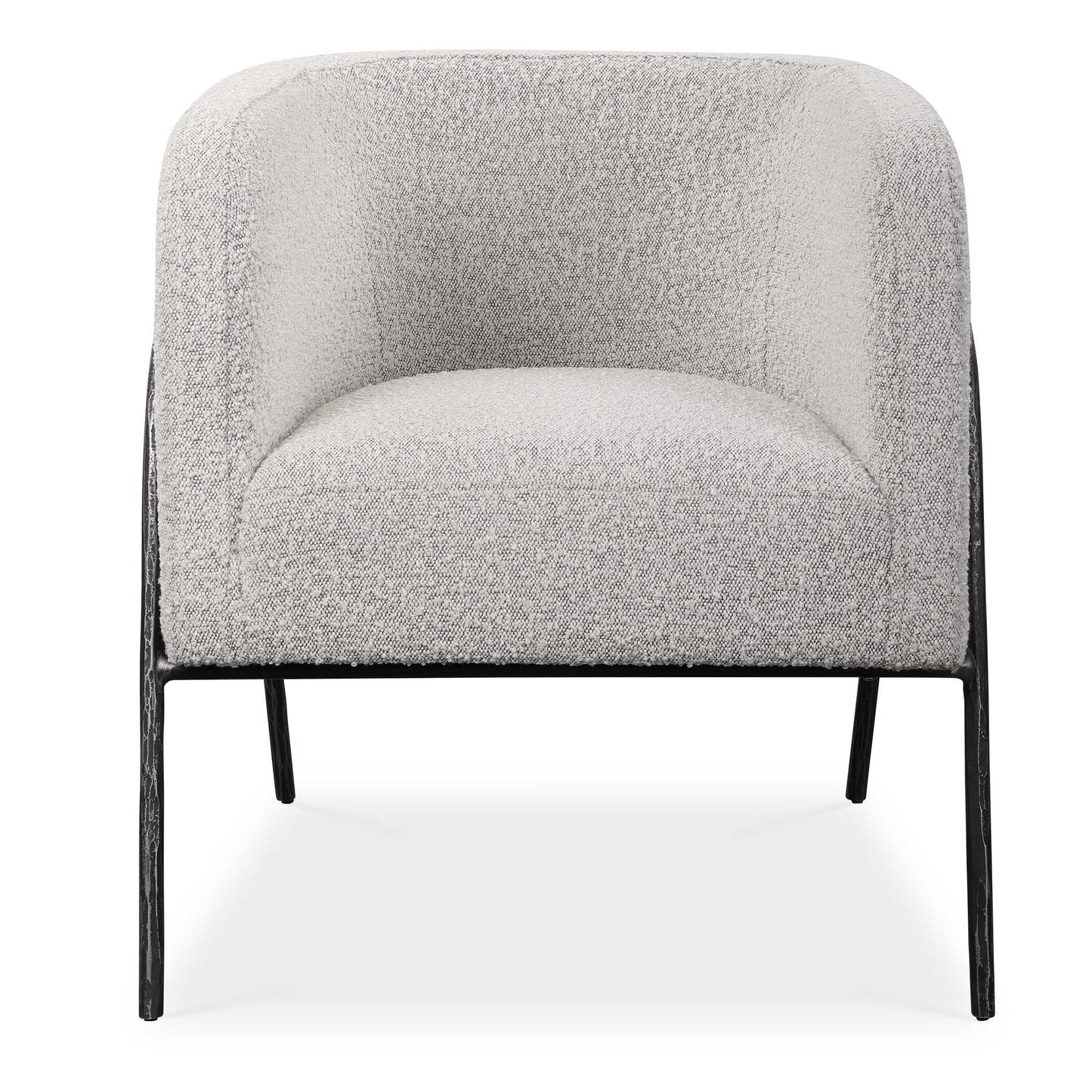 Inspired By Scandinavian Designs, This Barrel Back Style Chair Showcases Elegant Curved Lines With A Chiseled Iron Frame In A Natural Aged Black Iron Finish. A Casual Ivory And Warm Gray Boucle Fabric Accents This Modern Look.