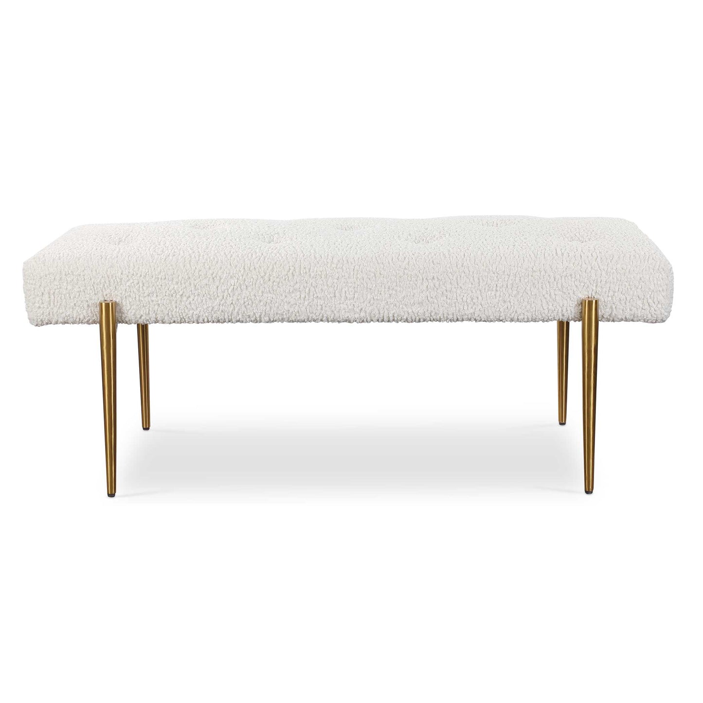 Expertly Tailored In White Faux Shearling, This Glamorous Accent Bench Features A Plush Button Tufted Seat, Atop Four Tapered Stainless Steel Legs Finished In Antique Brushed Brass.