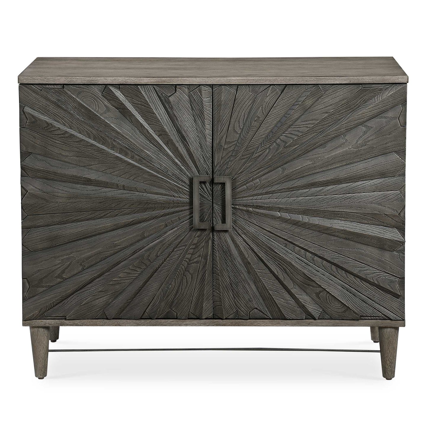 Inspired By Global Bohemian Style, This Two Door Cabinet Features A Striking 3-dimensional Starburst Design, Finished In A Dark Ebony Oak Veneer. The Contrasting Solid Wood Case Is Finished In A Gray Oak Stain, Accented By Steel Hardware And Accent Stretcher Finished In Aged Gunmetal. The Pair Of Soft Close Doors Open To Reveal Two Sections Each With Two Adjustable Shelves And Wire Management.