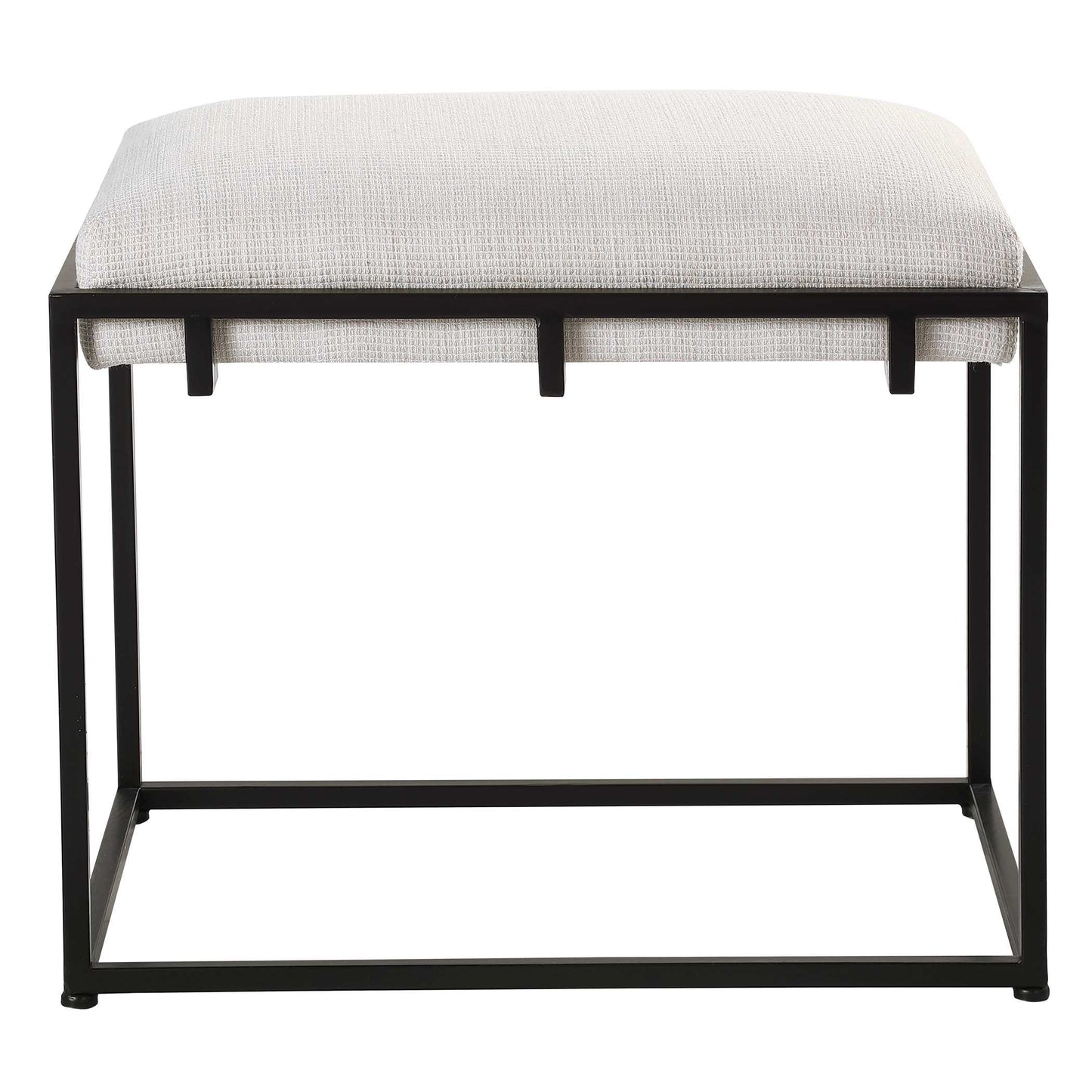 A Classic And Sophisticated Color Combination, This Bench Features A Sleek Matte Black Iron Frame And Is Paired With A Plush Upholstered Seat In A Crisp White Waffle Textured Polyester.