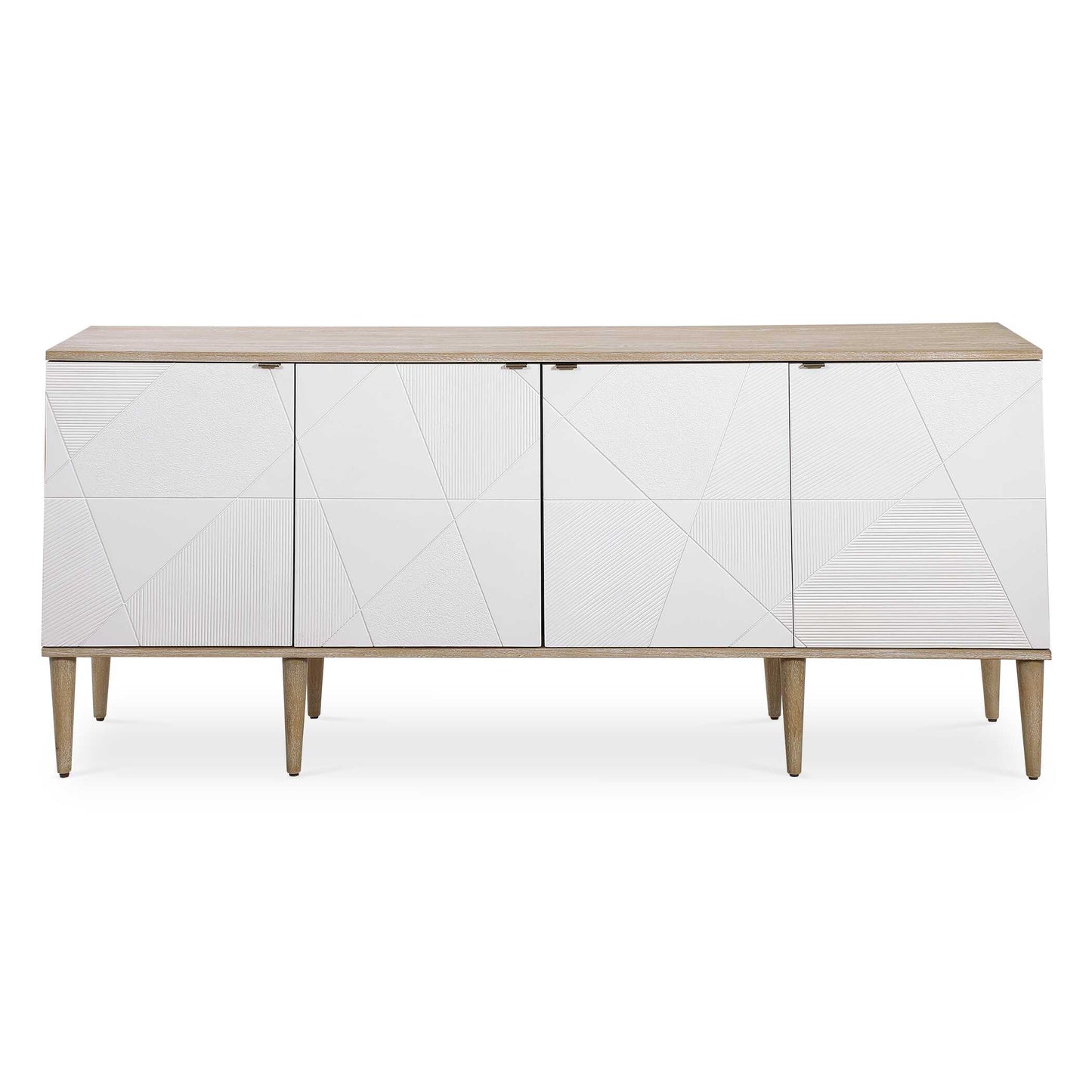Crisp And Modern, This Stylish Four Door Cabinet Is The Perfect Sideboard, Media Unit, Or Console Cabinet. The Elm Veneer Case Creates A Light And Airy Feel With A Natural Oak Ceruse Finish. Accented By Geometrically Textured Doors Atop Sleek Tapered Legs, Adding A Subtle Mid-century Feel. Each Soft Close Door Has An Aged Steel Tab And Opens To A Compartment With One Adjustable Shelf Complete With Wire Management.