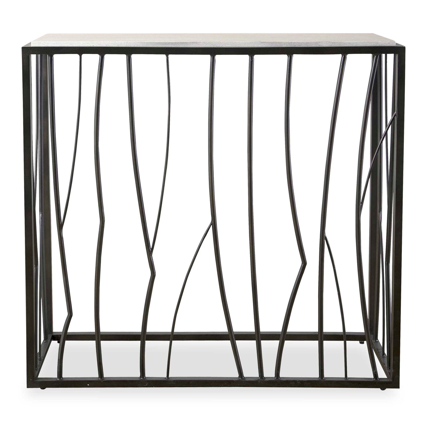 Inspired By Natural Landscapes, This Console Table Features An Asymmetrically Designed Metal Base Finished In Dark Iron Paired With A Natural Tan Travertine Top. True To The Nature Of Natural Materials, Each Piece Will Have Unique Marbling And Veining Throughout.
