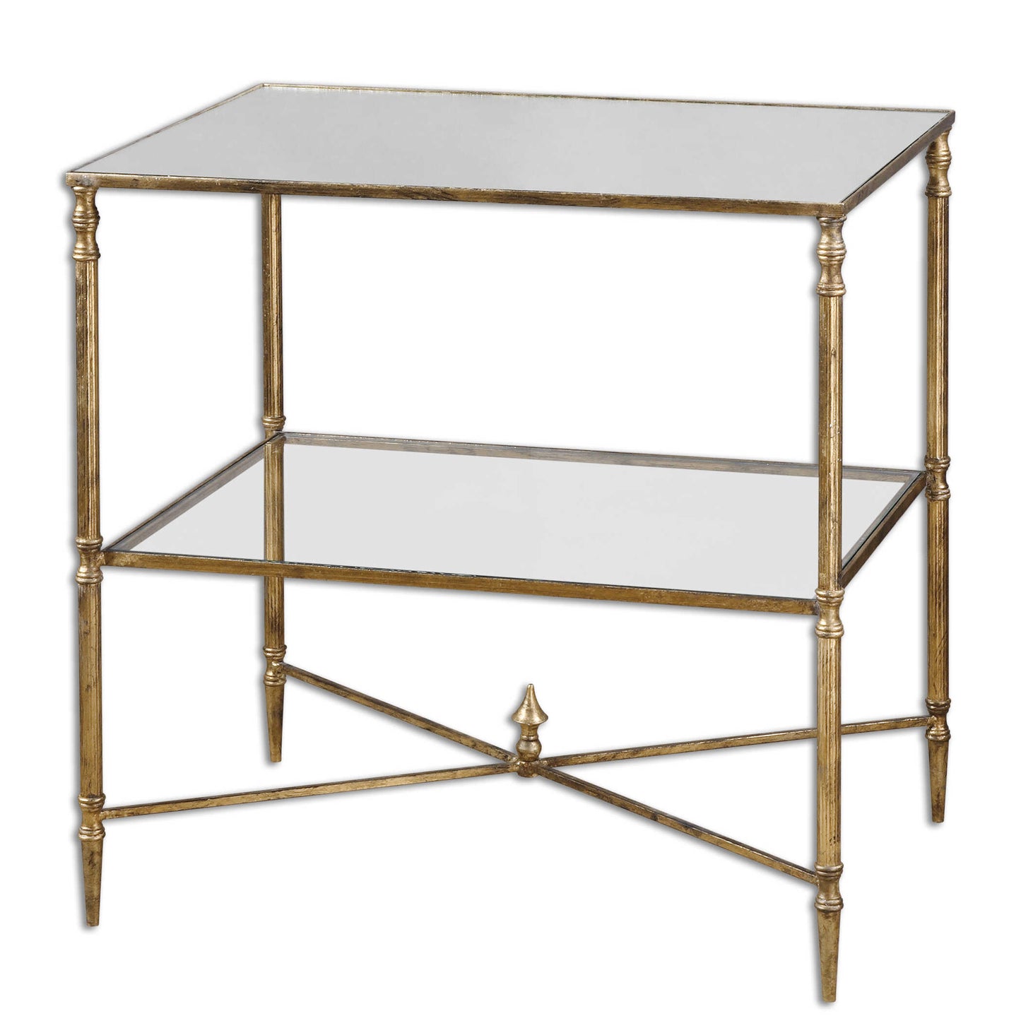 An Elegant Silhouette In Iron With A Cross Stretcher Accent Finished In Gold Leaf With Heavy Antiquing. Top Is Reinforced Mirror And Gallery Shelf Is Clear Tempered Glass.