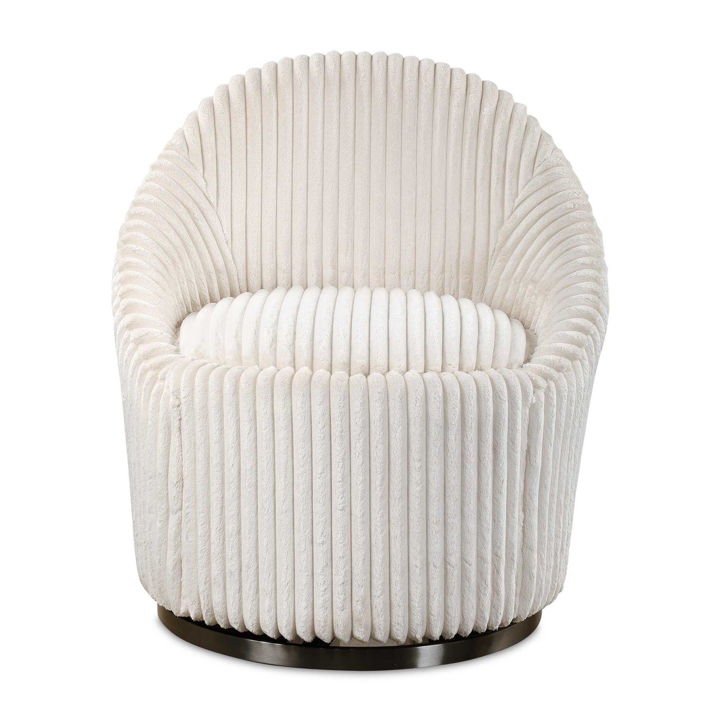 A Blend Of Contemporary And Feminine Styles, This Chair Is Upholstered In A Luxurious Fluted Ivory Chenille Fabric And Is Accented By A Stainless Steel Swivel Base Finished In Brushed Black Nickel.