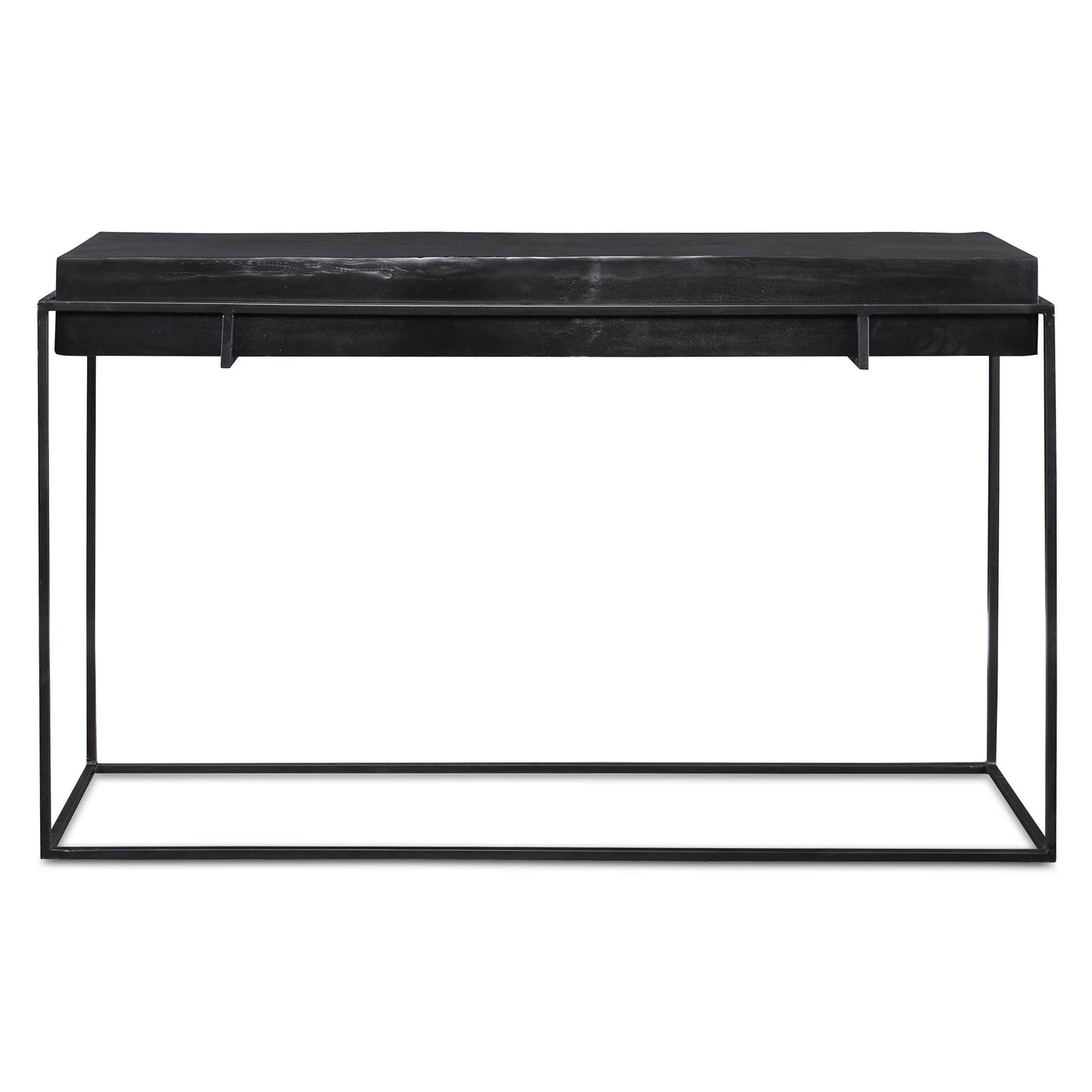 With Modern Minimalist Styling, This Console Table Features A Thick Cast Aluminum Top With Natural Texturing Finished In A Plated Antique Black, Resting In A Coordinating Aged Black Iron Base.