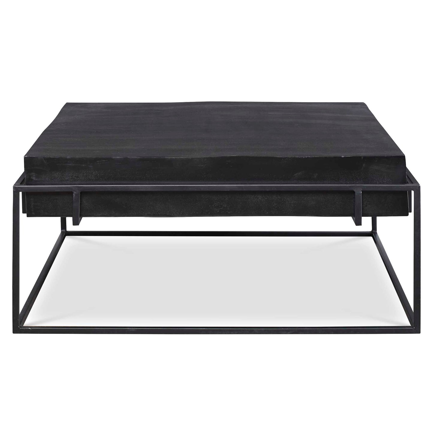 With Modern Minimalist Styling, This Coffee Table Features A Thick Cast Aluminum Top With Natural Texturing Finished In A Plated Antique Black, Resting In A Coordinating Aged Black Iron Base.