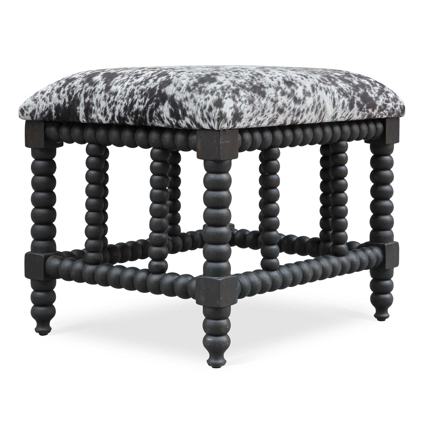 Ranch And Modern Lodge Styles Converge To Create This Plush, Upholstered Bench. The Cushioned Seat Is Wrapped In A Charcoal Gray And White Faux Cow Hide, Accented By A Matte Black Stained Base Turned From Solid Plantation-grown Mahogany Wood.