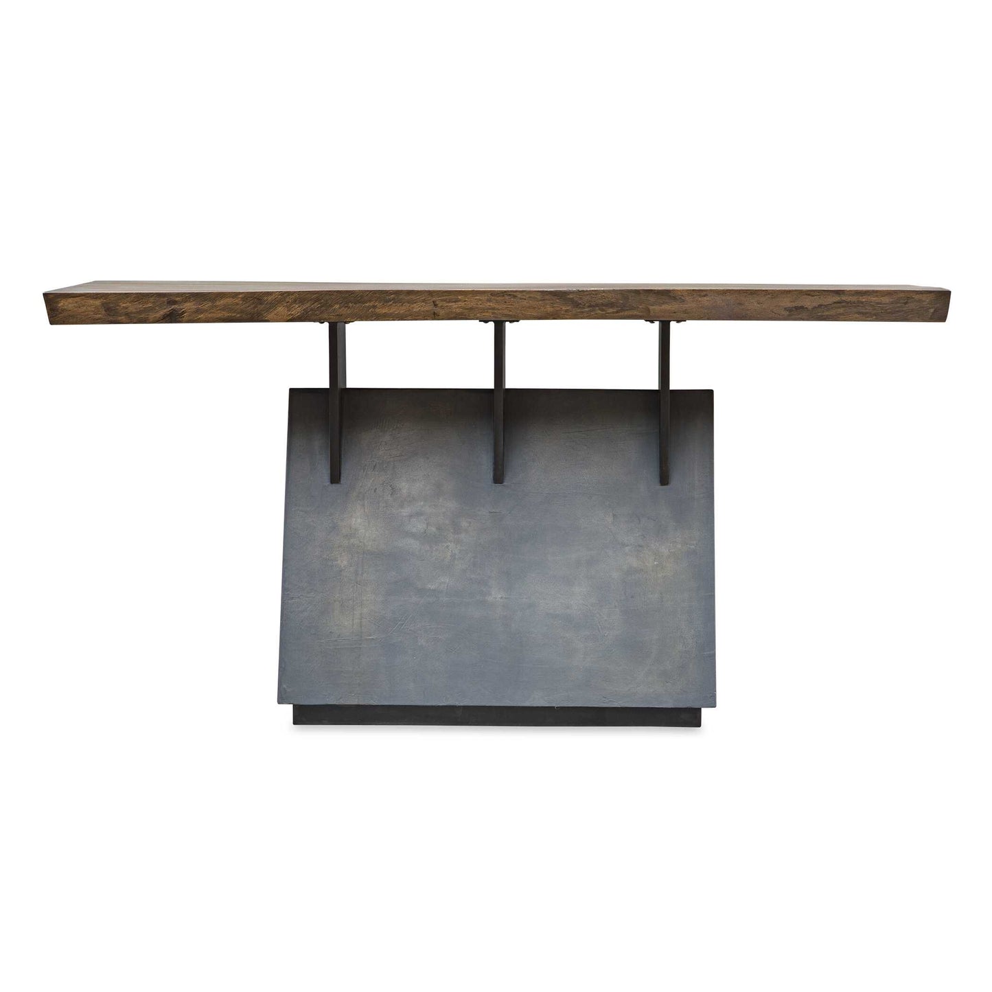 Inspired By Lodge And Industrial Styles, This Console Features A Naturally Finished Mahogany Wood Slab Top With Live Edge Details. Accented With Gunmetal Finished Steel Supports And A Faux Concrete Base. Size And Shape Of The Top May Vary Slightly Due To The Authentic Nature Of The Design, Making Each Piece Especially Unique. Solid Wood Will Continue To Move With Temperature And Humidity Changes, Which Can Result In Cracks And Uneven Surfaces, Adding To Its Authenticity And Character.