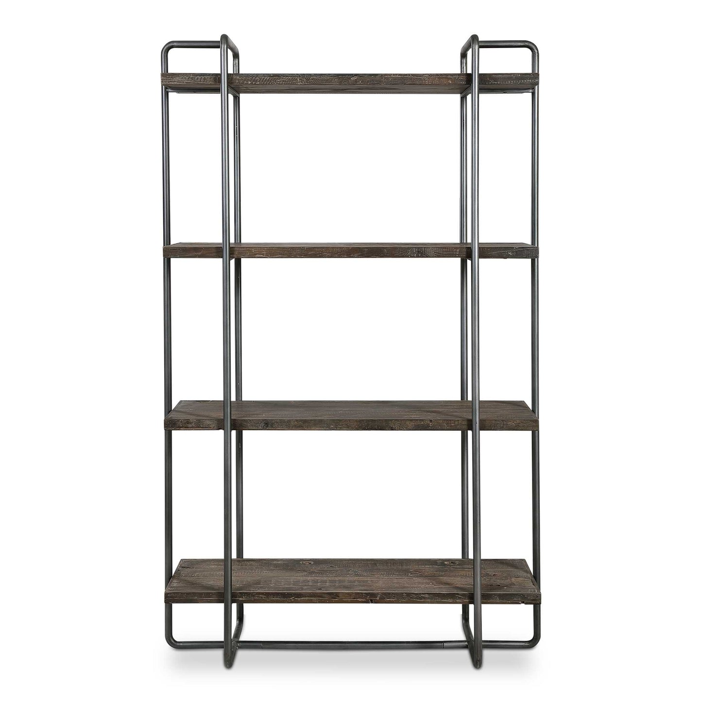 Exhibiting An Urban Industrial Feel, This Etagere Features A Steel Frame Finished In Dark Brushed Pewter. The Four Floating Shelves Are Constructed From Recycled, Reclaimed Boat Wood Collected From Old Chinese Fishing Vessels. This Statement Piece Showcases Years Of Use With Natural Wood Grain Texture That Has Subtle Hints Of Color. Solid Wood Will Continue To Move With Temperature And Humidity Changes, Which Can Result In Cracks And Uneven Surfaces, Adding To Its Authenticity And Character.