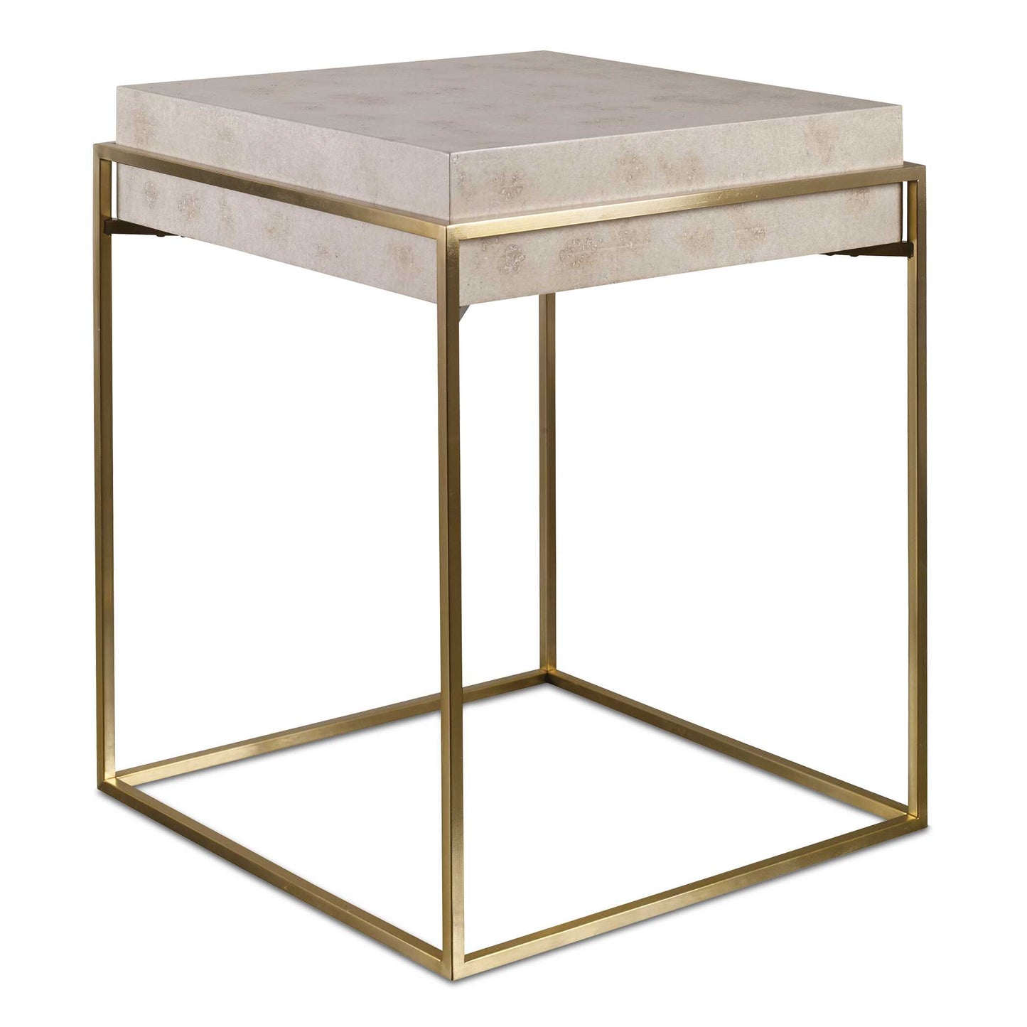 This Clean Modern Accent Table Showcases An Inset Ivory Burl Veneer Top Supported By A Sleek Brushed Brass Plated Stainless Steel Frame.