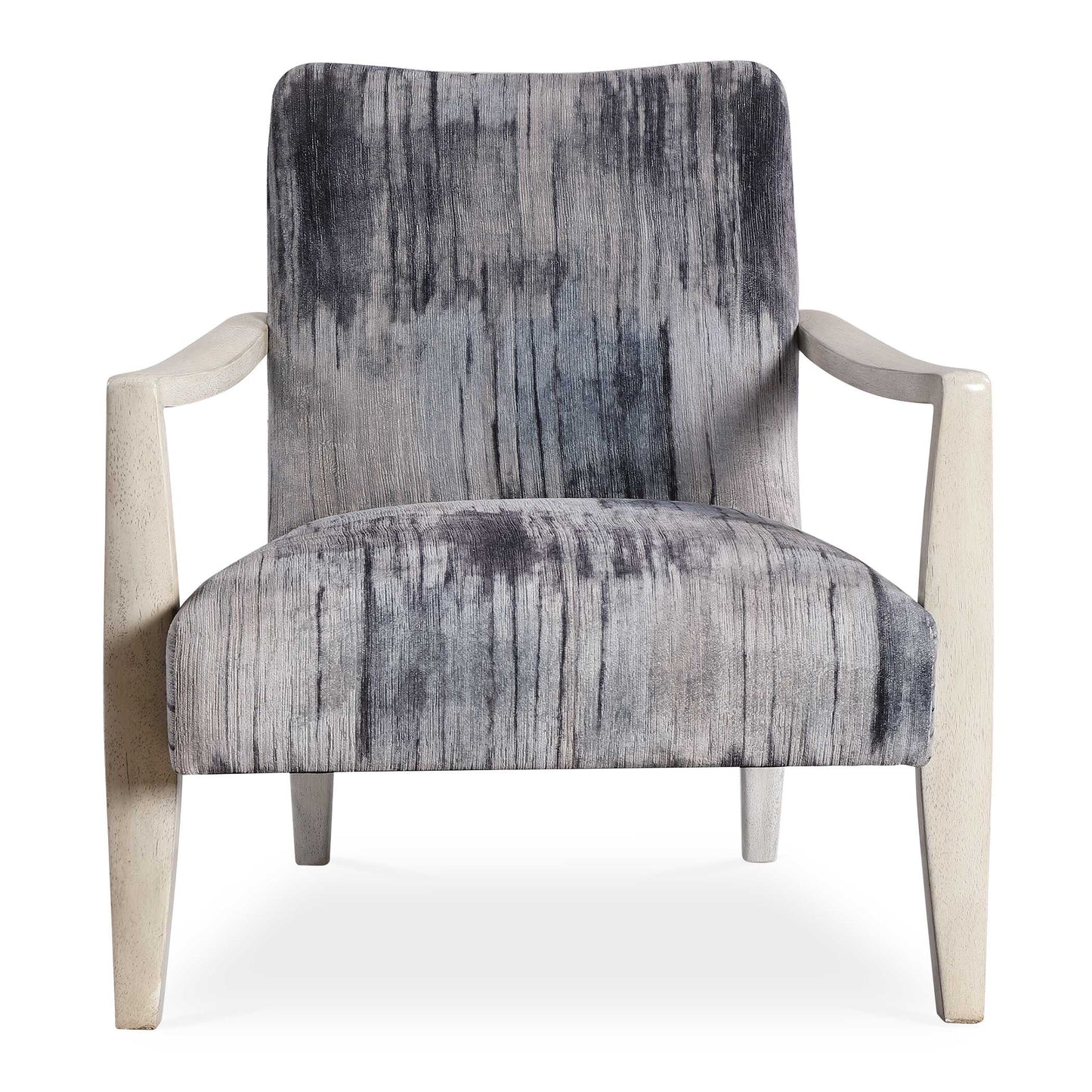 Reminiscent Of Tie Dye, This Statement Accent Chair Features A Unique Abstract Charcoal, Gray And Blue Chenille Fabric With A Gently Curved Exposed Solid Wood Frame In A Natural Off-white Finish.