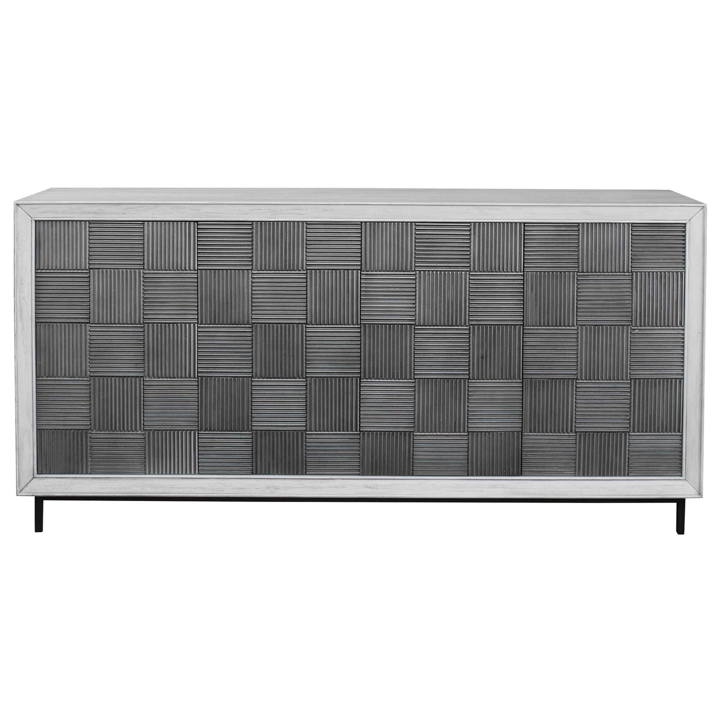 The Perfect Storage Cabinet Or The Focal Point Of Your Room, This Four Door Cabinet Is Constructed From Mahogany Wood In A Whitewashed Finish With Light Gray Distressing. Each Door Features A Reeded Tile Design In A Striking Pewter Gray Tone, With Matte Black Metal Legs. Both Right And Left Sides Open To Reveal One Adjustable Shelf.