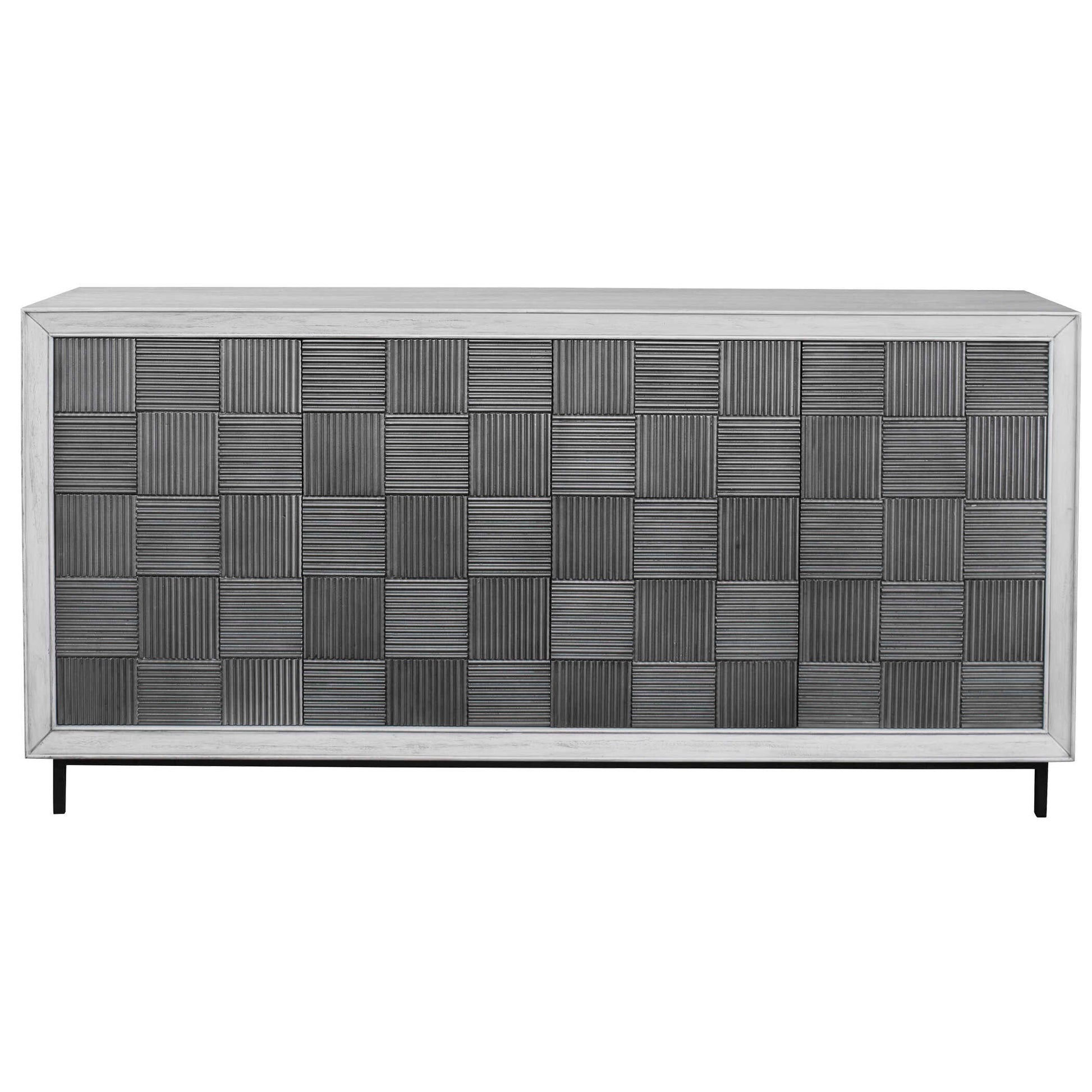 The Perfect Storage Cabinet Or The Focal Point Of Your Room, This Four Door Cabinet Is Constructed From Mahogany Wood In A Whitewashed Finish With Light Gray Distressing. Each Door Features A Reeded Tile Design In A Striking Pewter Gray Tone, With Matte Black Metal Legs. Both Right And Left Sides Open To Reveal One Adjustable Shelf.