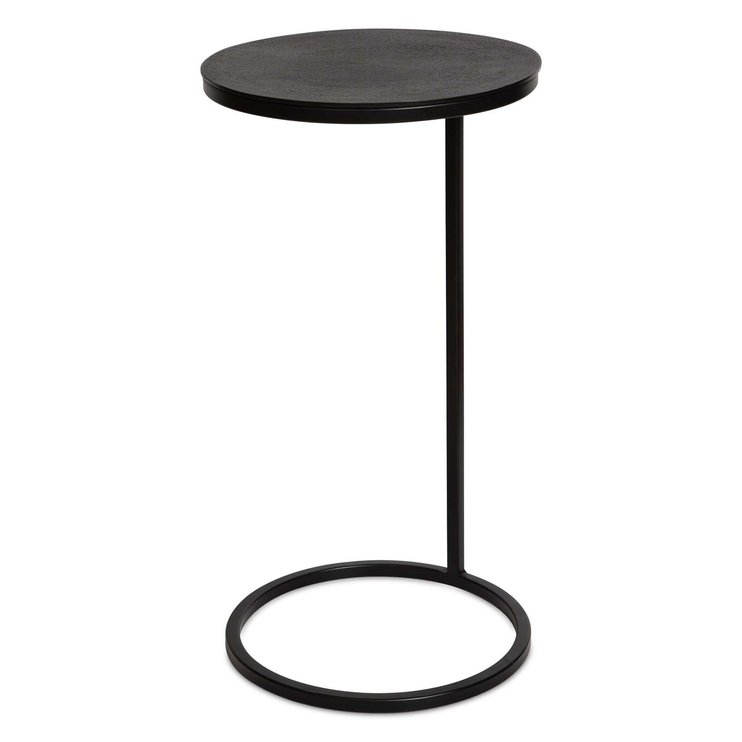 Modern And Streamlined, This Round Accent Table Is Constructed In An Aged Black Iron Featuring A Cast Textured Aluminum Slab Top Finished In A Plated Antique Bronze.