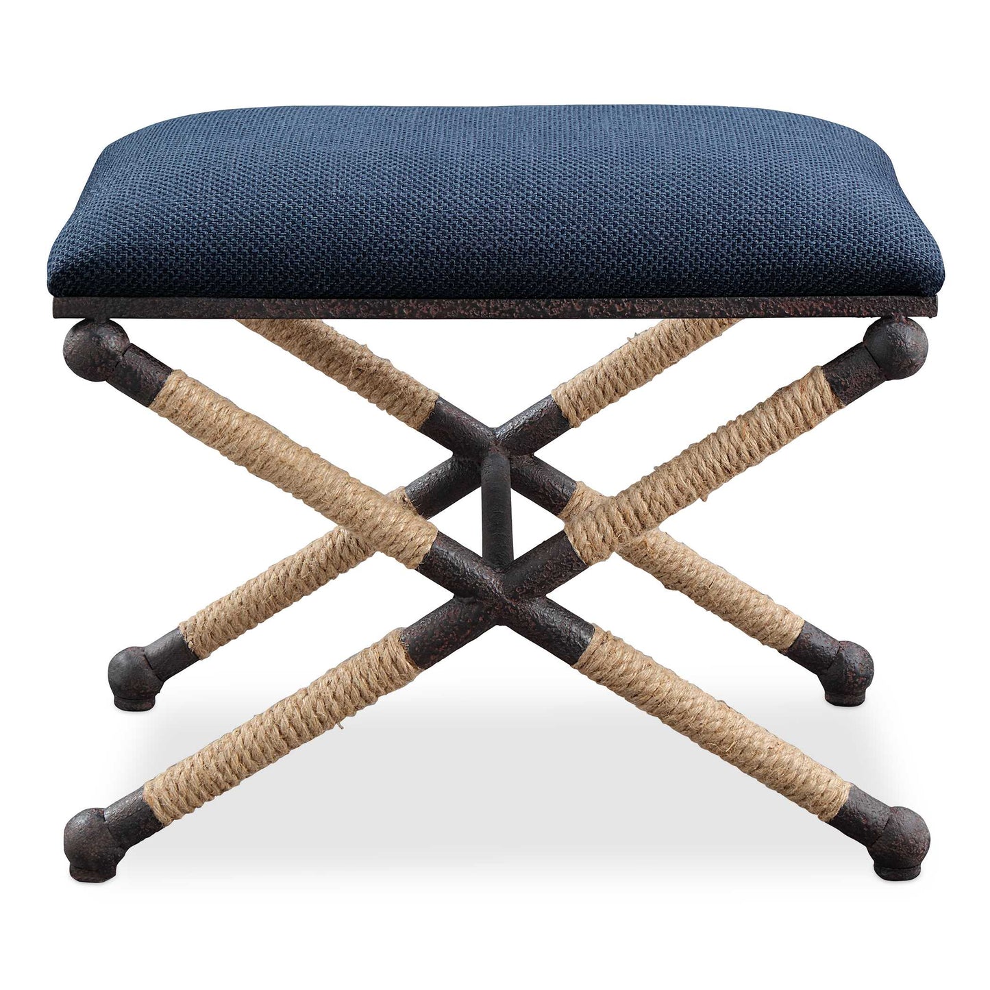 Rustic Iron Frame With A Nautical Touch, Wrapped In Natural Fiber Rope Accents. Cushioned Top Is A Cotton Blend In A Rich Textured Navy Blue.
