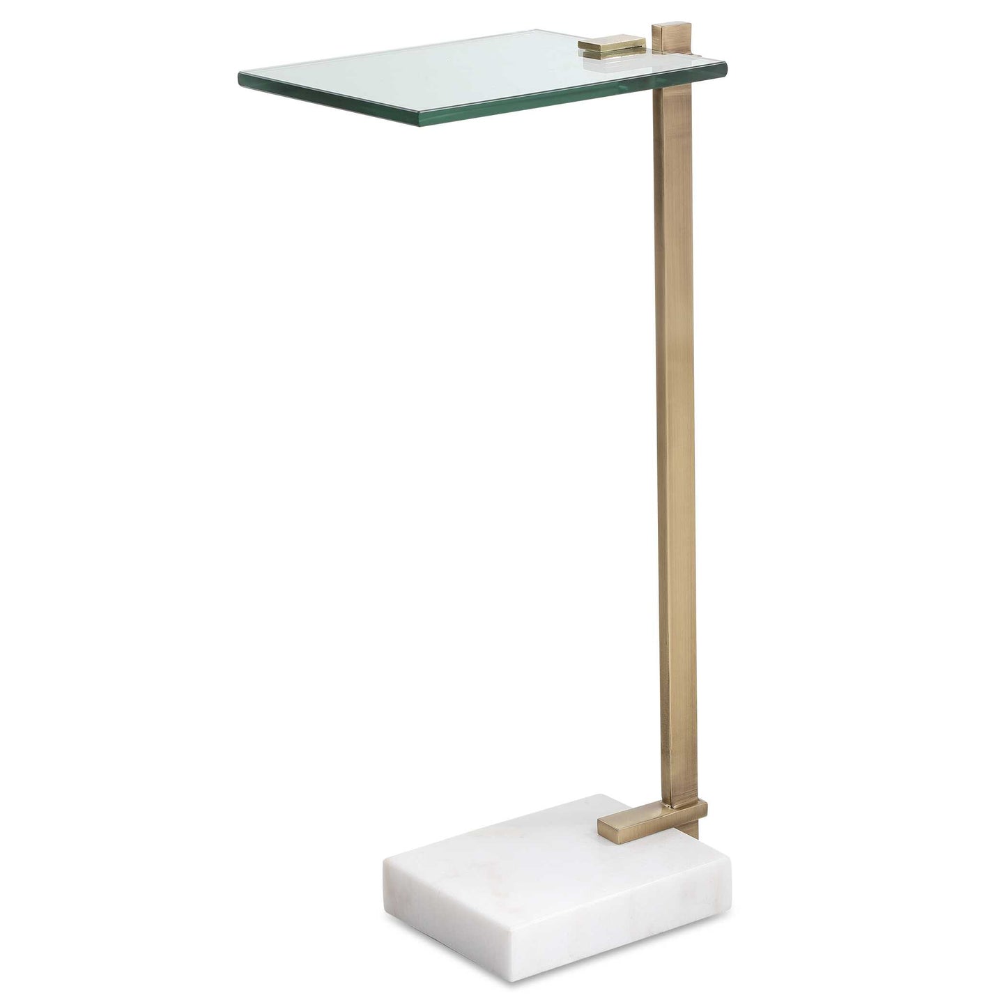 This Perfect Pull-up Table Pairs An Updated Design With Timeless Finishes. The Tempered Glass Top Is Supported By A Brushed Brass Plated Stainless Steel Base Accented By An Elegant White Marble Foot With Natural Veining.