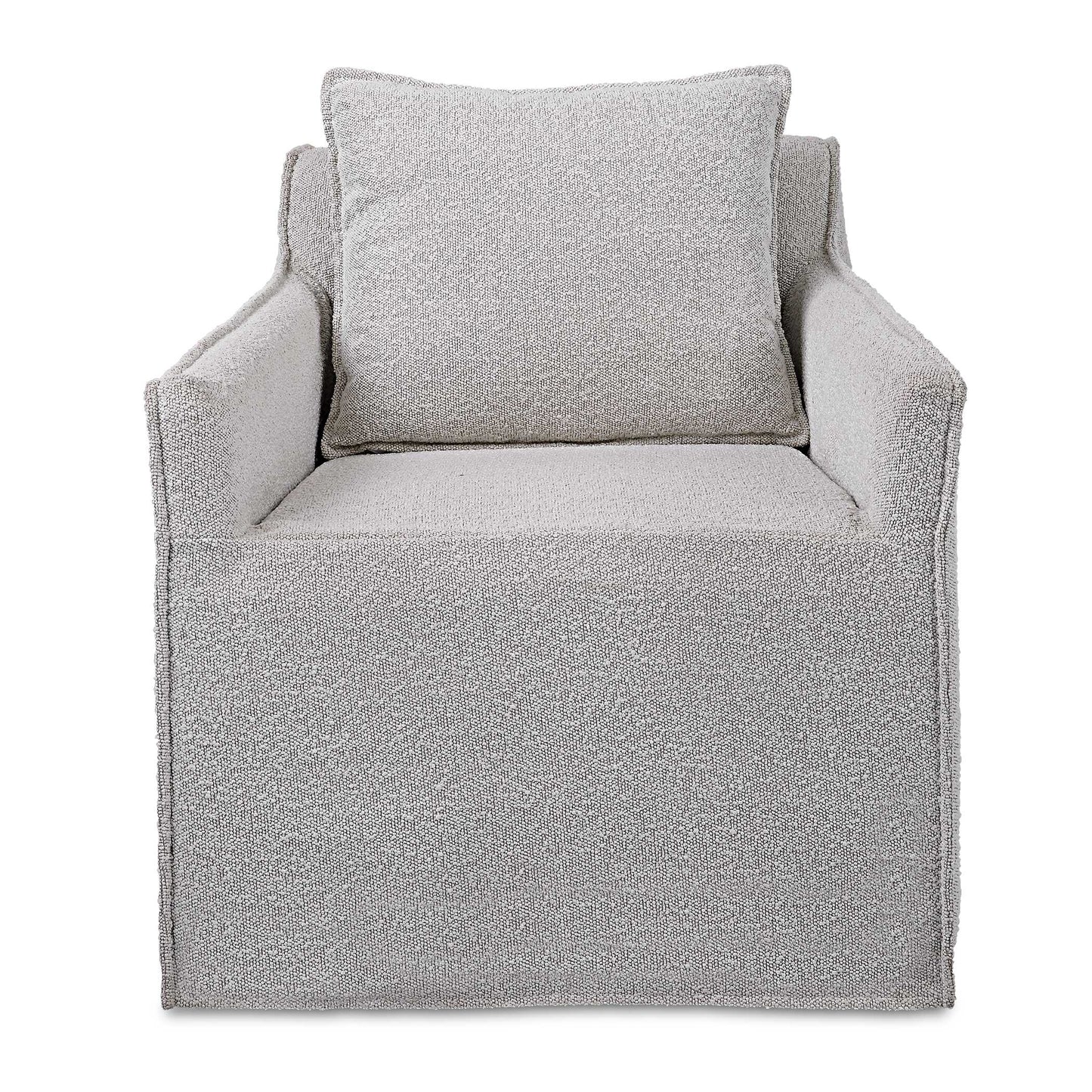 Casual Swivel Accent Chair Features A Tailored Slipcover Made From Ivory And Light Gray Boucle Fabric With Flanged Edges And A Matching Square Pillow. The Hardwood Swivel Base Is Finished In A Natural Ceruse.