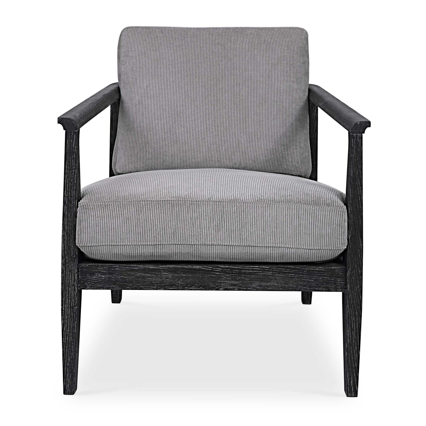 This Refreshing Take On A Modern Accent Chair Features A Curved Open Back Design In Solid Oak Wood. The Dark Ebony Stain Has A Light Gray Glaze Enhancing The Wood Grain. Loose Seat And Back Cushions Are Tailored In A Plush Polyester Channeled Fabric In Steel Gray.