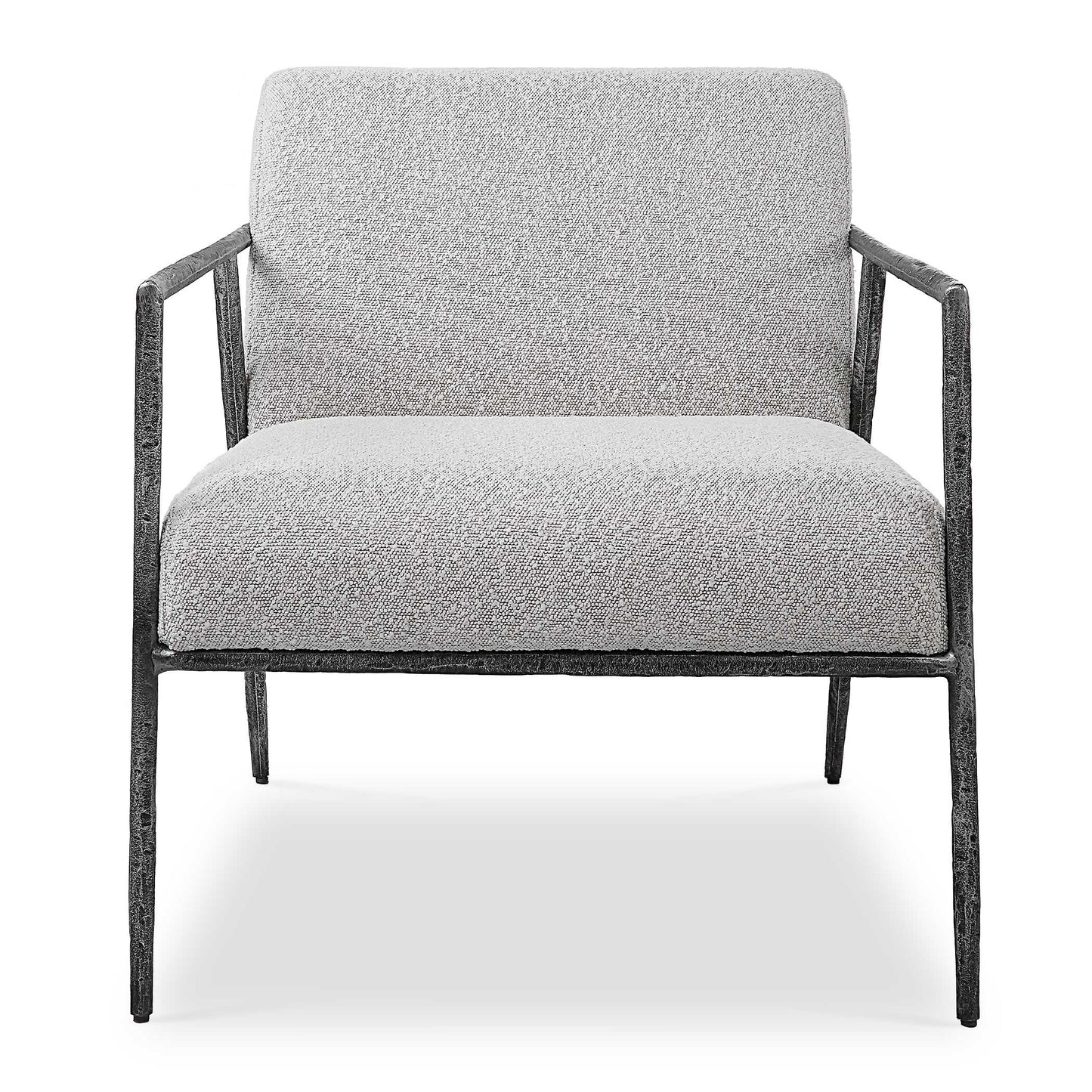 With Clean Contemporary Lines, This Open Frame Design Features A Textured Cast Iron Frame In A Natural Distressed Charcoal Finish. Paired With A Tight Upholstered Seat In A Casual Ivory And Light Gray Boucle Fabric.
