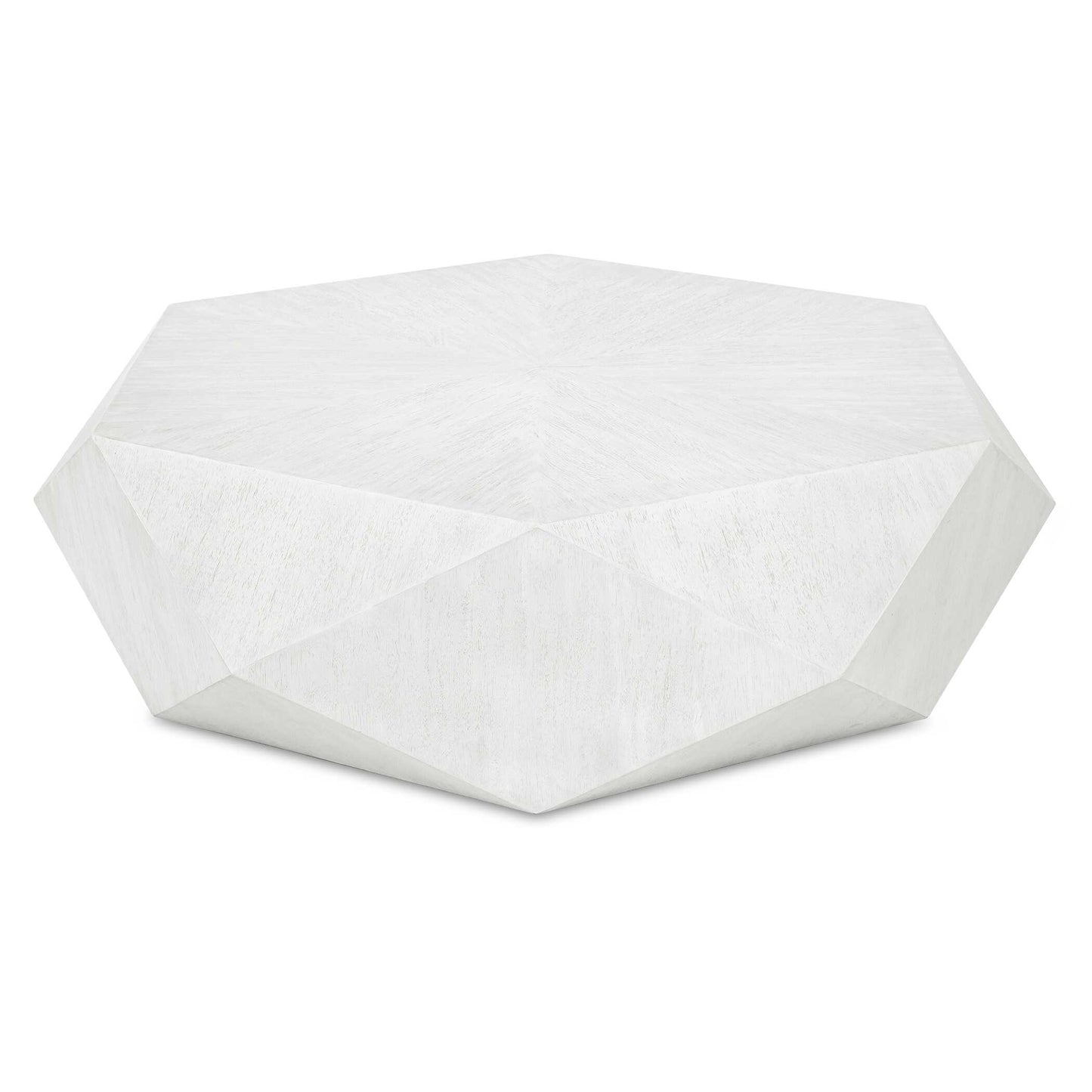This Unique Geometric Coffee Table Features A Low Profile, Perfect For Viewing The Sunburst Top In Mango Veneer In A Fresh White Ceruse Finish.
