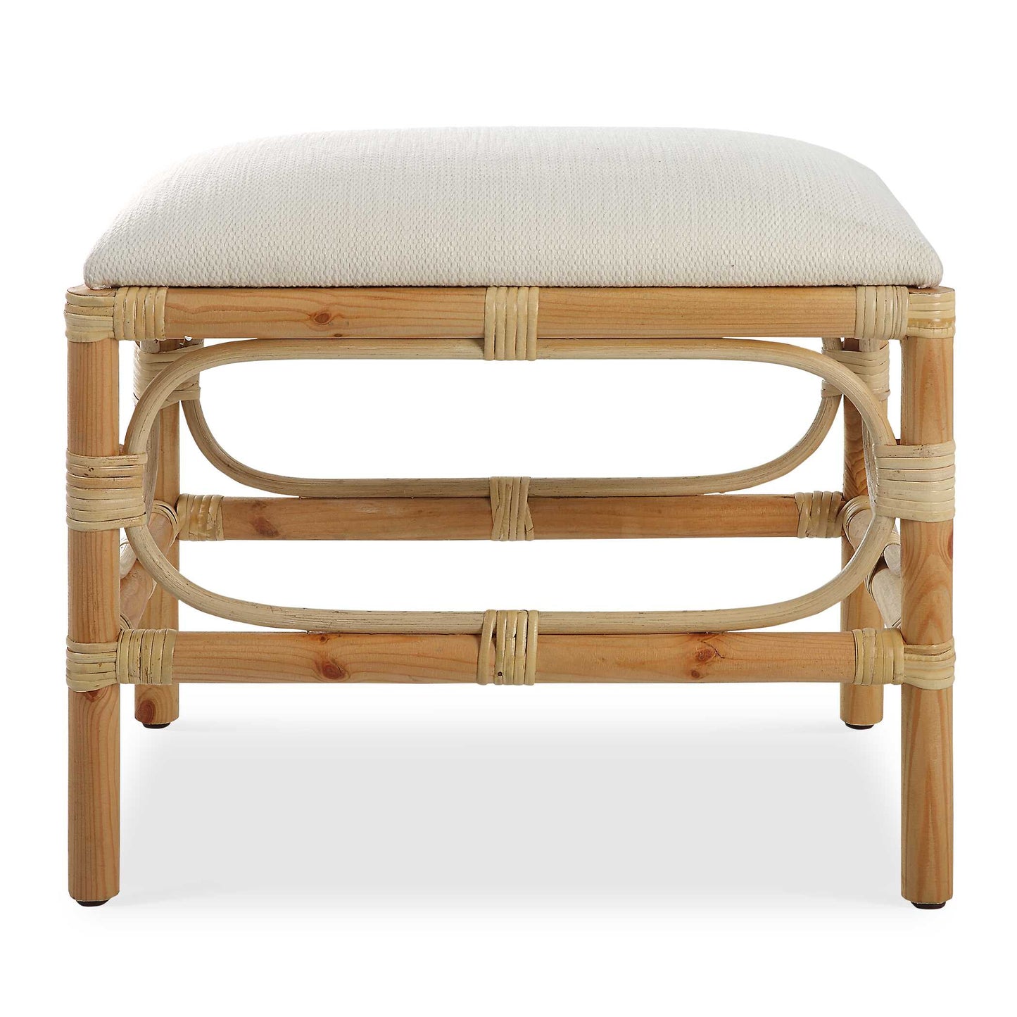 A Refreshing Coastal Accent Featuring A Crisp White Textured Fabric, Over A Naturally Finished Solid Wood Base With Rattan Wrapped Accents. Perfect Doubled Up At The Foot Of A Bed Or Under A Console Table.