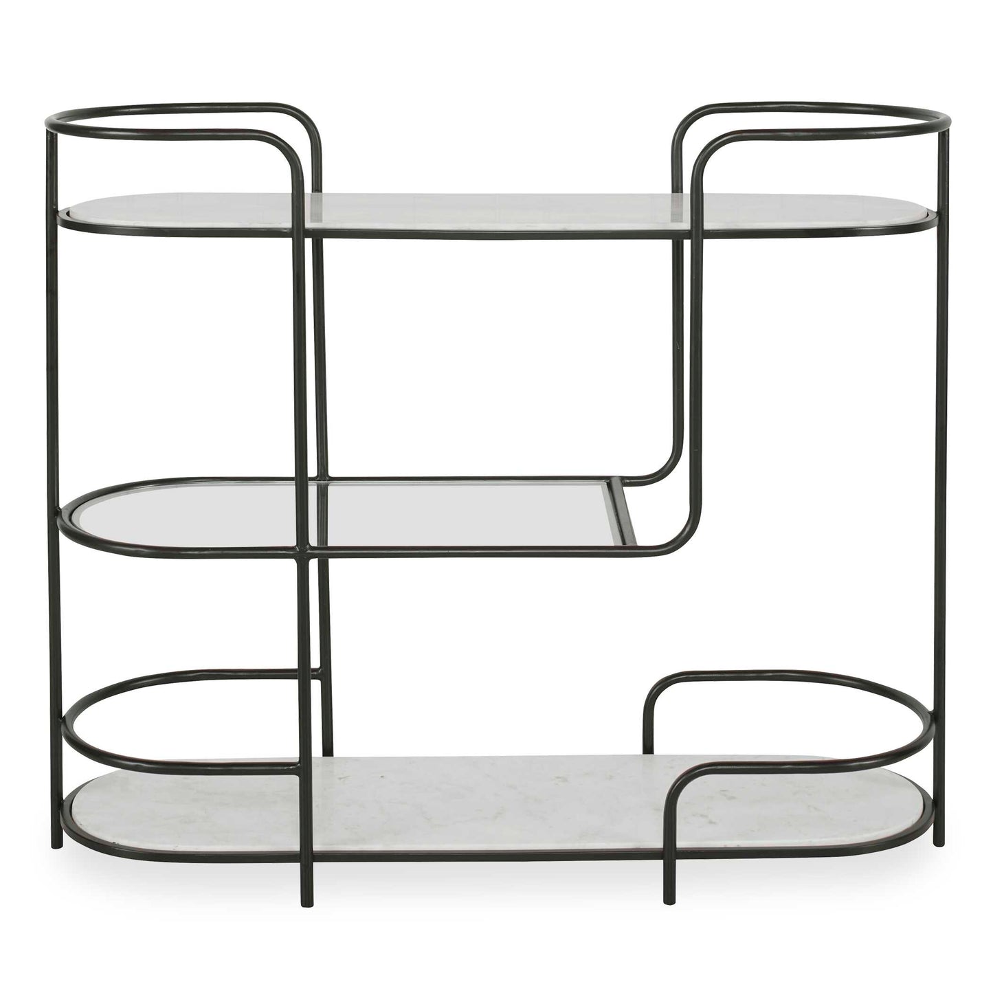 Inspired By A Mix Of Classic Mod Design And Contemporary Styling, This Multifunctional Piece Can Serve As A Bar, Server, Or Console Table. The Curved Iron Frame Is Finished In Satin Black, Accented By White Marble And Tempered Glass Shelving. Because Of The Natural Characteristics Of Marble, Each Piece Will Have Unique Veining Patterns.