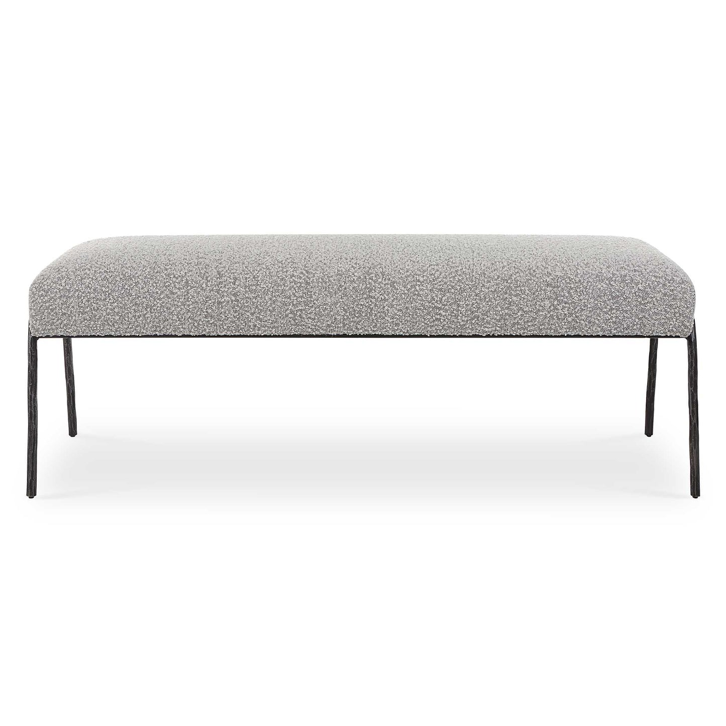 Inspired By Scandinavian Designs, This Bench Showcases Elegant Curved Lines With A Chiseled Iron Frame In A Natural Aged Black Iron Finish. A Casual Ivory And Warm Gray Textured Boucle Fabric Accents This Modern Look.