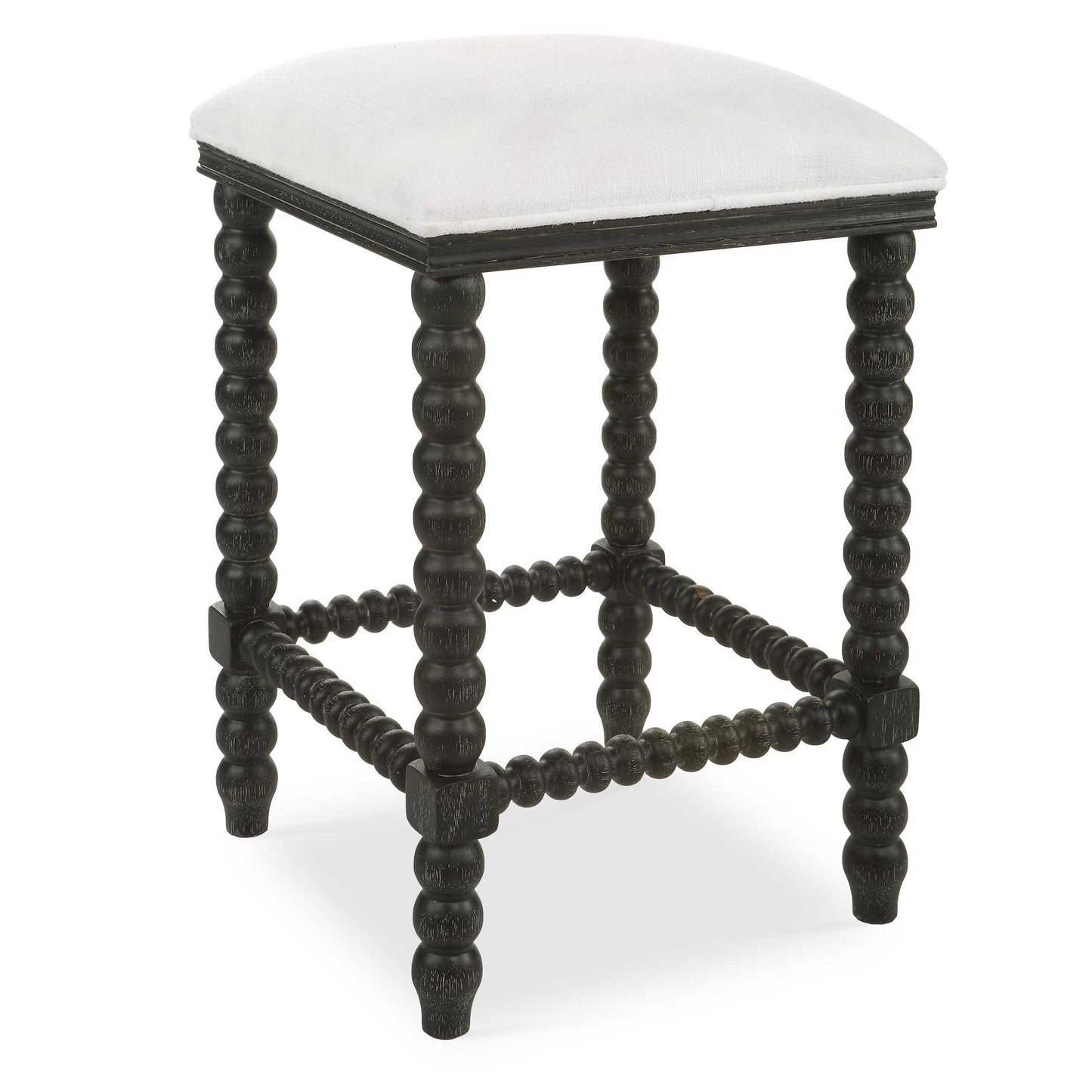 A Stylish And Classic Counter Stool Featuring Spindle Turned Legs And Carved Trim Finished In A Stylish Black Ceruse Stain. Plush Seat Is Tailored In A Crisp White Performance Fabric.