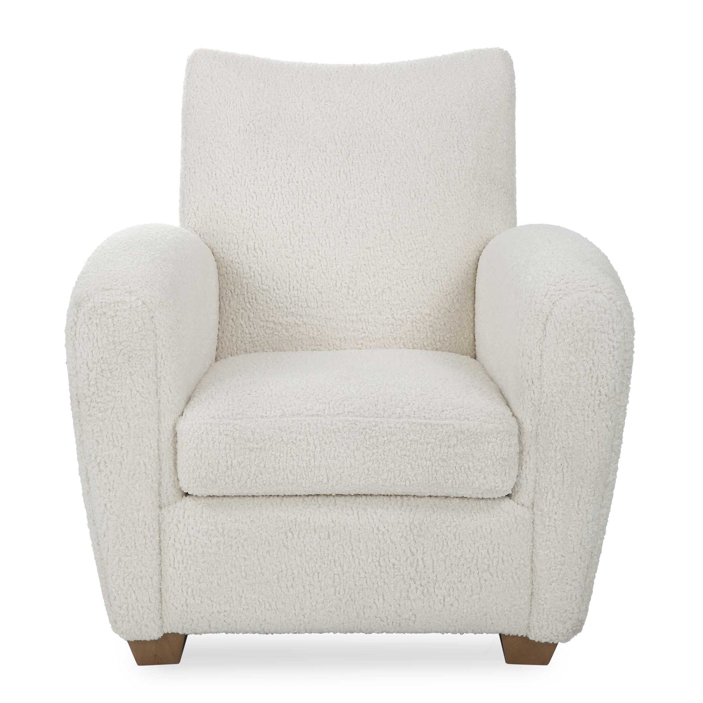 With Its Curved Track Arms And Supportive Back, This Cozy Accent Chair Is The Perfect Balance Of Comfort And Style. Fully Upholstered In A Soft Off White Faux Shearling And Accented By Walnut Stained Wooden Feet.