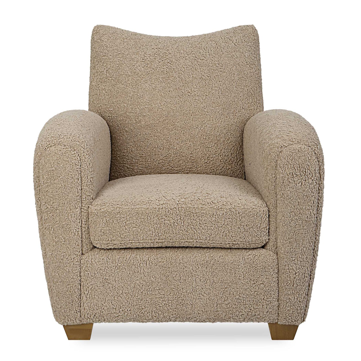 With Its Curved Track Arms And Supportive Back, This Cozy Accent Chair Is The Perfect Balance Of Comfort And Style. Fully Upholstered In A Soft Latte Toned Faux Shearling And Accented By Walnut Stained Wooden Feet.