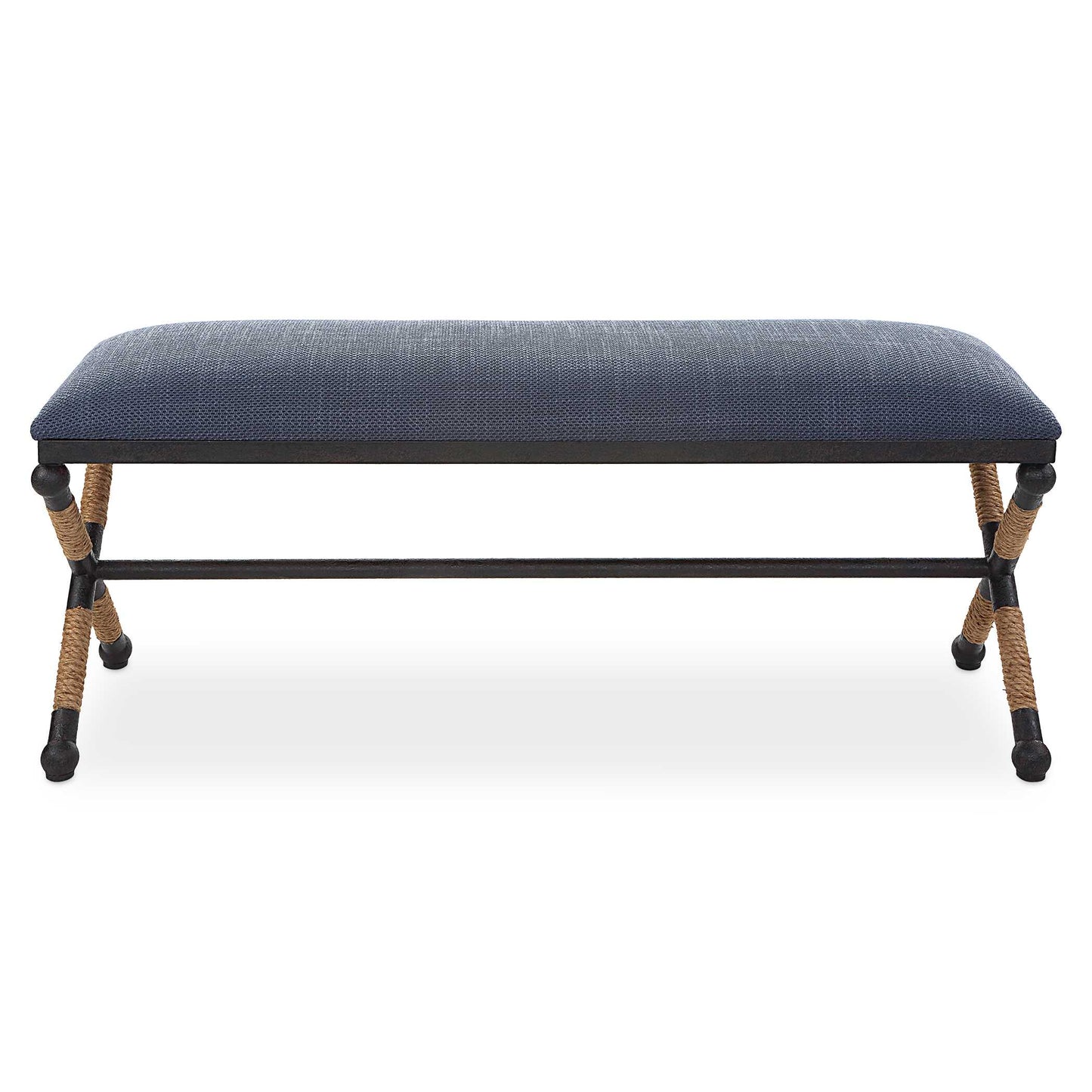 Rustic Iron Frame With A Nautical Touch, Wrapped In Natural Fiber Rope Accents. Cushioned Top Is A Cotton Blend In A Rich Textured Navy Blue.