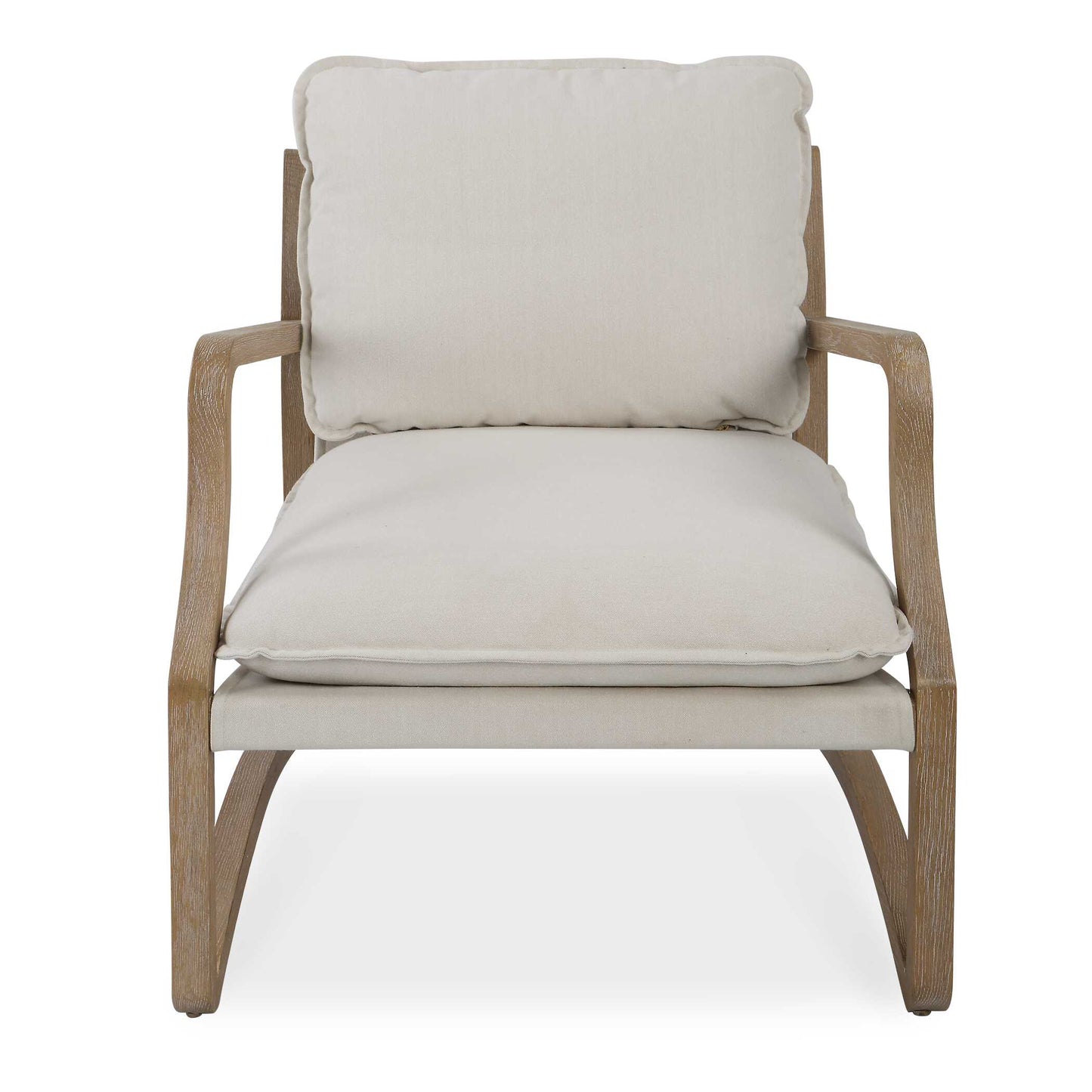 Modern Yet Casual, This Stylish Accent Chair Boasts A Sculptural Open Frame Made From Solid Oak In A Natural Wire Brush Ceruse Finish. Each Plush Cushion Is Upholstered In A Natural Linen Toned Fabric, In A Sling Seat Perfect For Lounging.