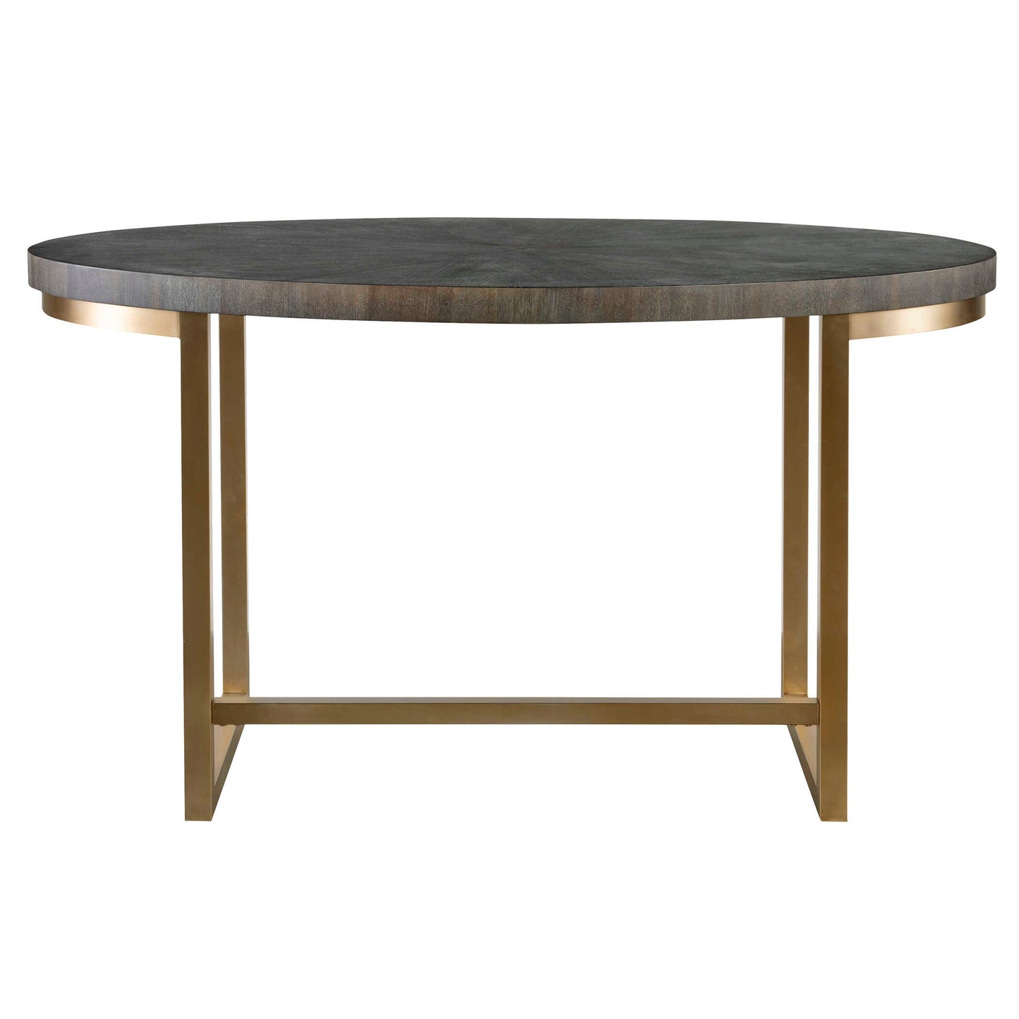 Contemporary In Style, This Oval Writing Desk Features A Bold Stainless Steel Base Plated In Brushed Brass With An Acacia Veneer Top In A Dark Walnut Stain Washed With A Light Gray Glaze.