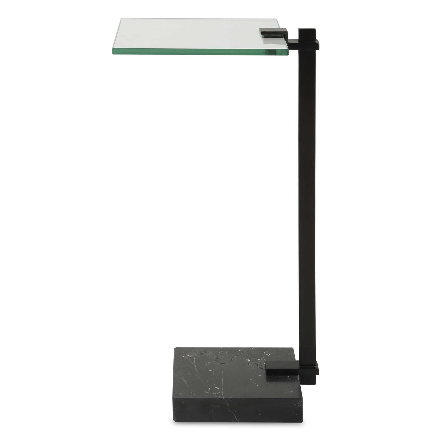 This Perfect Pull-up Table Pairs A Classic Design With Modern Finishes. The Tempered Glass Top Is Supported By A Satin Black Plated Stainless Steel Base Accented By A Honed Black Marble Foot With Natural Veining And Character.