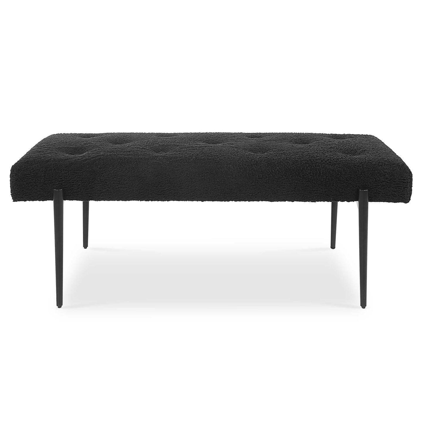 Expertly Tailored In Black Faux Shearling, This Modern Accent Bench Features A Plush Button Tufted Seat, Atop Four Tapered Stainless Steel Legs Finished In Satin Black.