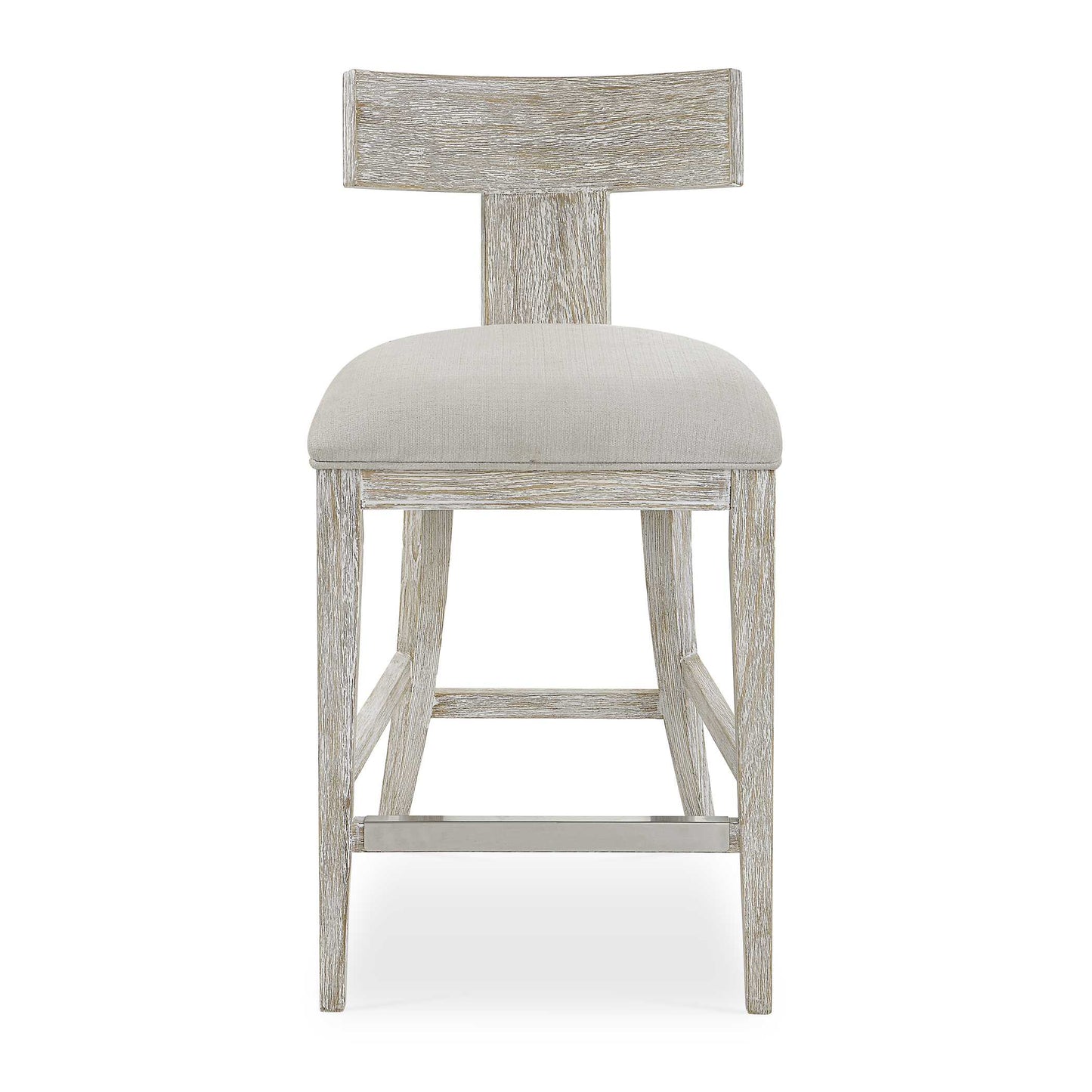 This Modern Take On A Klismos Chair Features A Curved Wood Frame In A Whitewashed Finish, With Wire Brushed Details Revealing Natural Pine Wood Undertones. Paired With A Stone White Slubbed Performance Fabric Cushion.