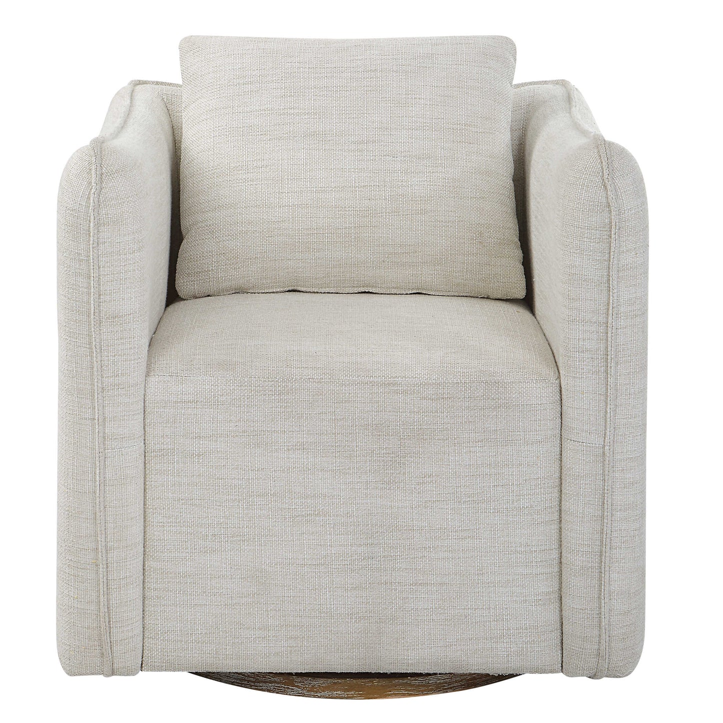 Casual Shelter Arm Accent Chair Tailored In A Woven Linen Blend Fabric In Off-white, Featuring A Flanged Edge Trim Complete With A Loose Back Pillow. Rests On A Solid Birch Wood Swivel Base, Finished In A Weathered Gray Stain.